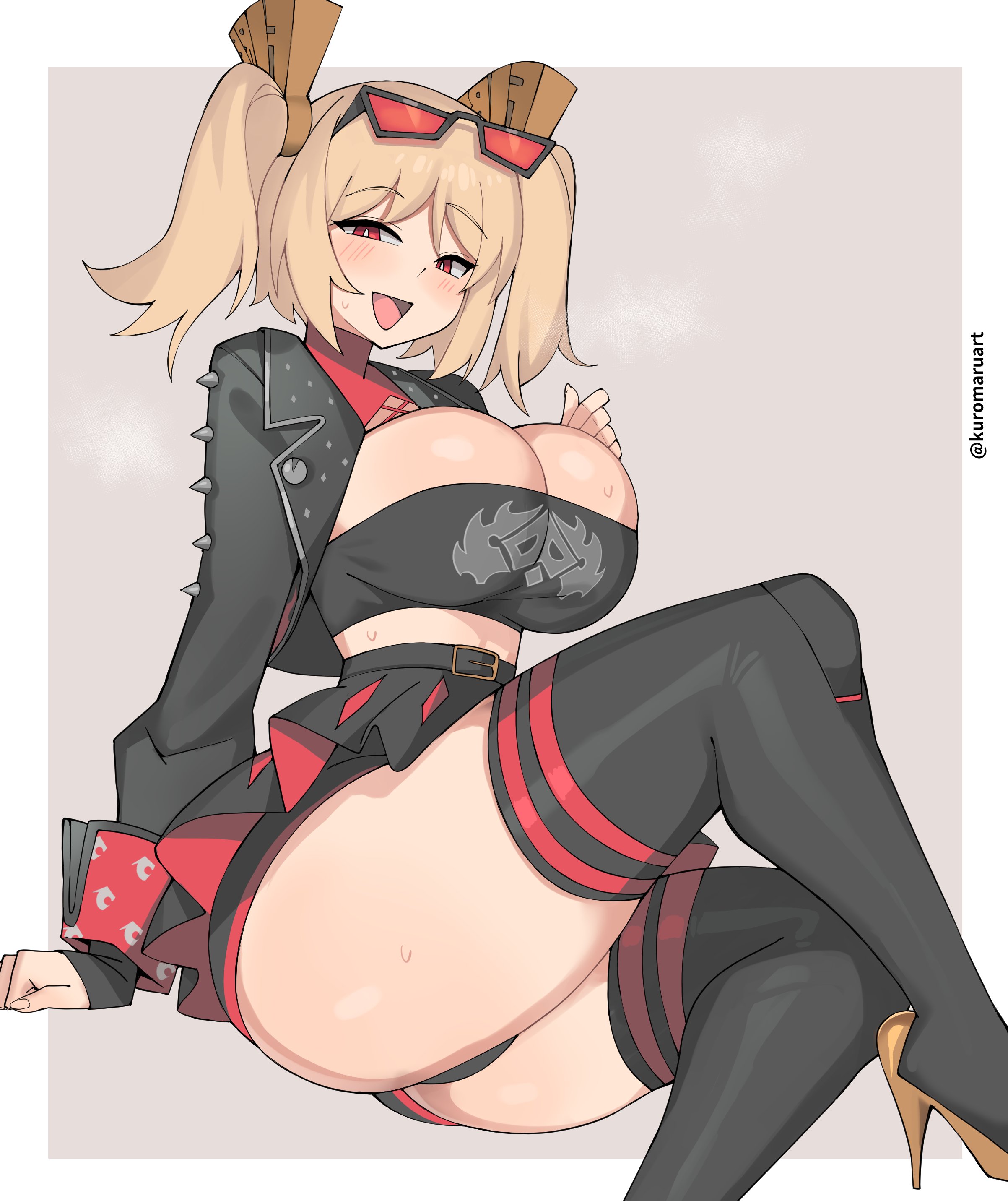1girls, absurdres, artist name, belt, black belt, black jacket, black panties, black skirt, black thighhighs, black tube top, black-framed eyewear, blonde hair, border, breasts, brown background, burnice white, cleavage, commentary, cropped jacket, english commentary, eyewear on head, female, female focus, female only, hair ornament, high heels, highres, jacket, kuromaruart, large breasts, light skin, light-skinned female, long sleeves, looking at viewer, midriff, open mouth, outside border, panties, pantyshot, pleated skirt, red eyes, red-tinted eyewear, skirt, smile, solo, spiked jacket, strapless, thighhighs, thighs, tinted eyewear, tube top, twintails, underwear, white border, zenless zone zero