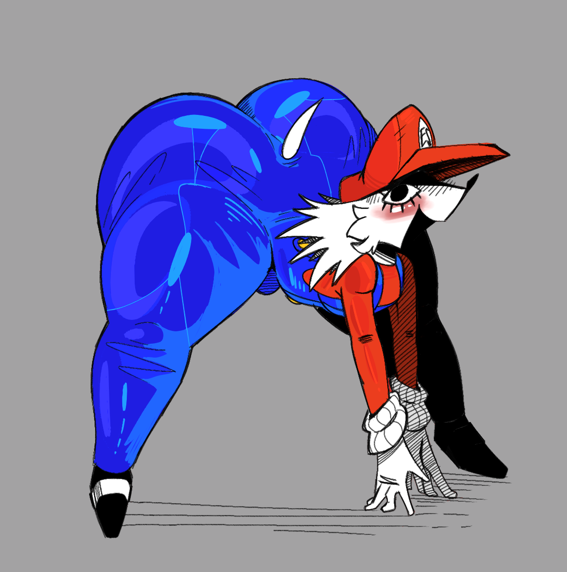 1boy, anthro, ass, ass in air, big ass, big thighs, bulge, clothed, femboy, headwear, hedgehog, lopboop600, male, male only, mario (cosplay), mobian (species), nintendo, on all fours, penis, posing, sabotage (exeg), small penis, sonic (series), sonic the hedgehog, sonic.exe, sonic.exe (series), sweaty ass, sweaty butt