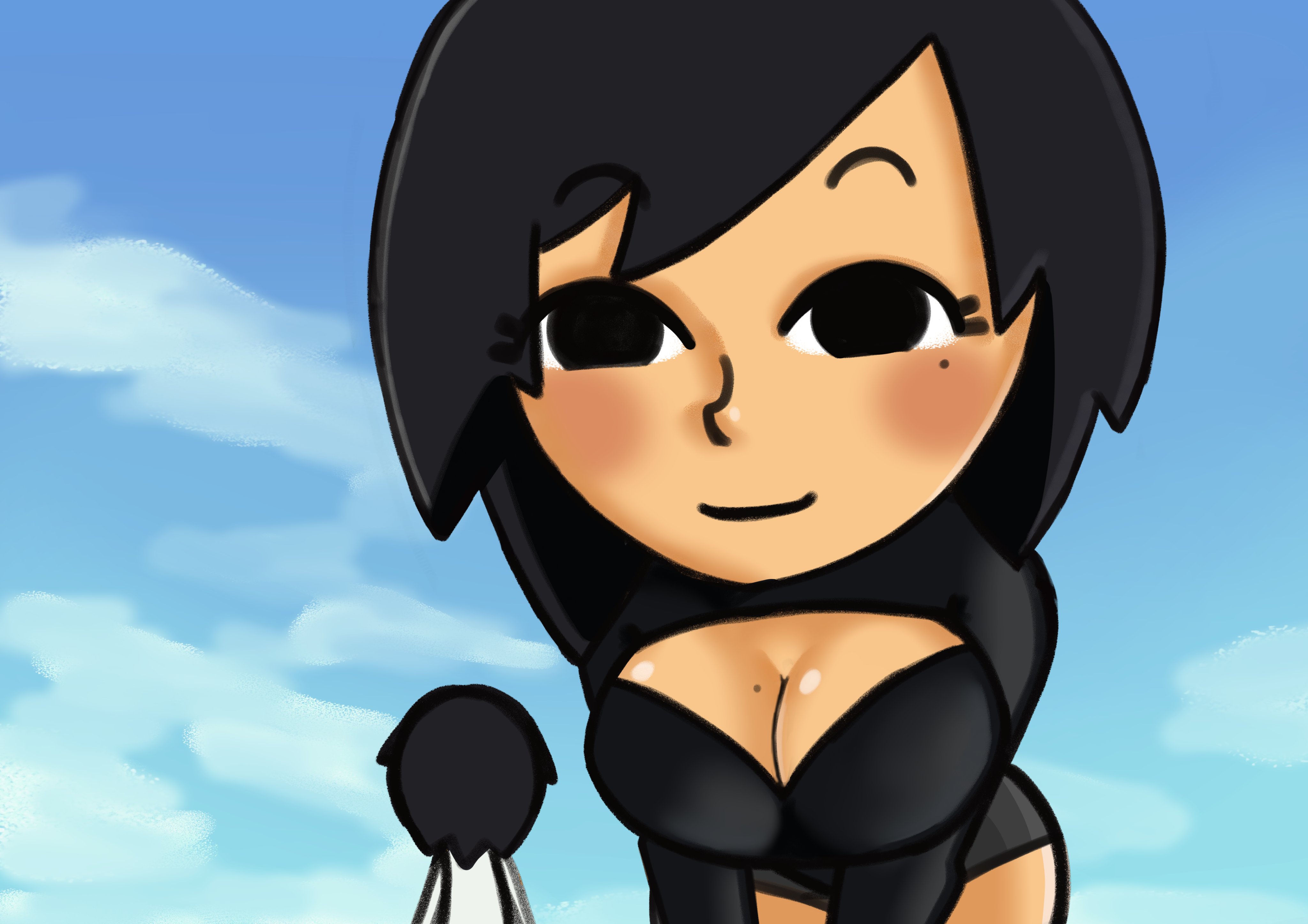 1girls, artist request, ava (gazoogaloo), black eyes, black hair, black sweater, black turtleneck, black turtleneck sweater, blush, breasts, cleavage, cleavage cutout, did you want to talk?, female, large breasts, meme, meme reference, mii, mole, mole on breast, mole under eye, nintendo, oc, short hair, solo, solo female, solo focus, sweat, sweater, tomodachi life, tomodachi life: living the dream, turtleneck