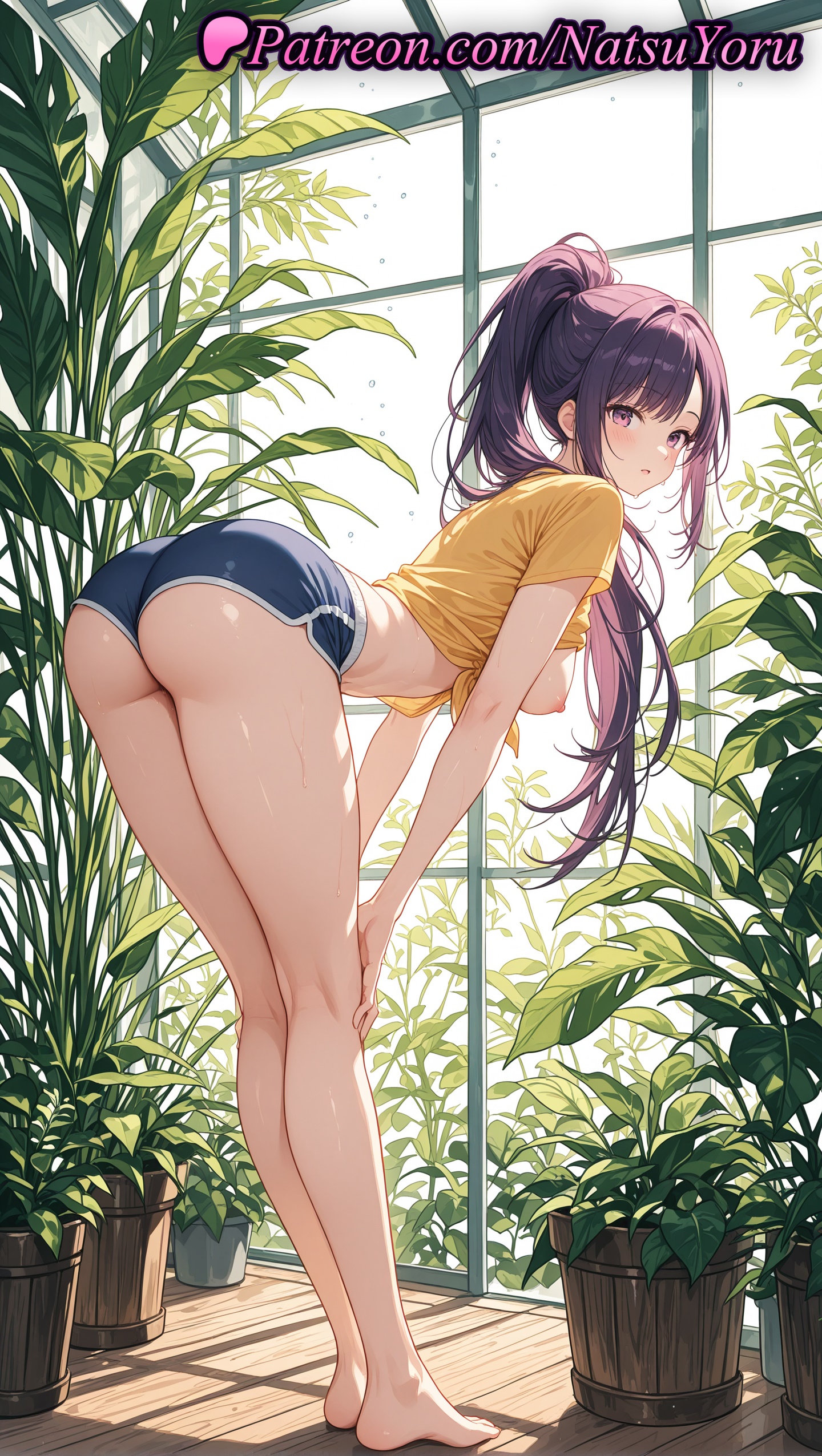 1girls, 2025, ai assisted, ai generated, anime, anime style, ass, bangs, bare legs, barefoot, bent over, blue shorts, blush, breasts, breasts out, bust, busty, closed mouth, clothes lift, crop top, denim shorts, dolphin shorts, feet, female, female focus, female only, foot fetish, from side, full body, hands on own knees, hanging breasts, hi res, high ponytail, high quality, high resolution, highres, indoors, kneepits, large breasts, leaning forward, legs, long hair, looking at viewer, looking back, looking to the side, medium breasts, micro shorts, midriff, natsuyoru, nipples, nipples outside, no bra, non-asian, oshiri, parted lips, patreon, plant, ponytail, potted plant, purple eyes, purple hair, shirt, shirt lift, short shorts, short sleeves, shorts, sideboob, sidelocks, solo, solo female, solo leveling, stable diffusion, standing, sung jin-ah, sweat, thighs, tied shirt, tiptoes, toes, tshirt, uncensored nipples, underbutt, voluptuous, voluptuous female, window, wooden floor, yellow shirt