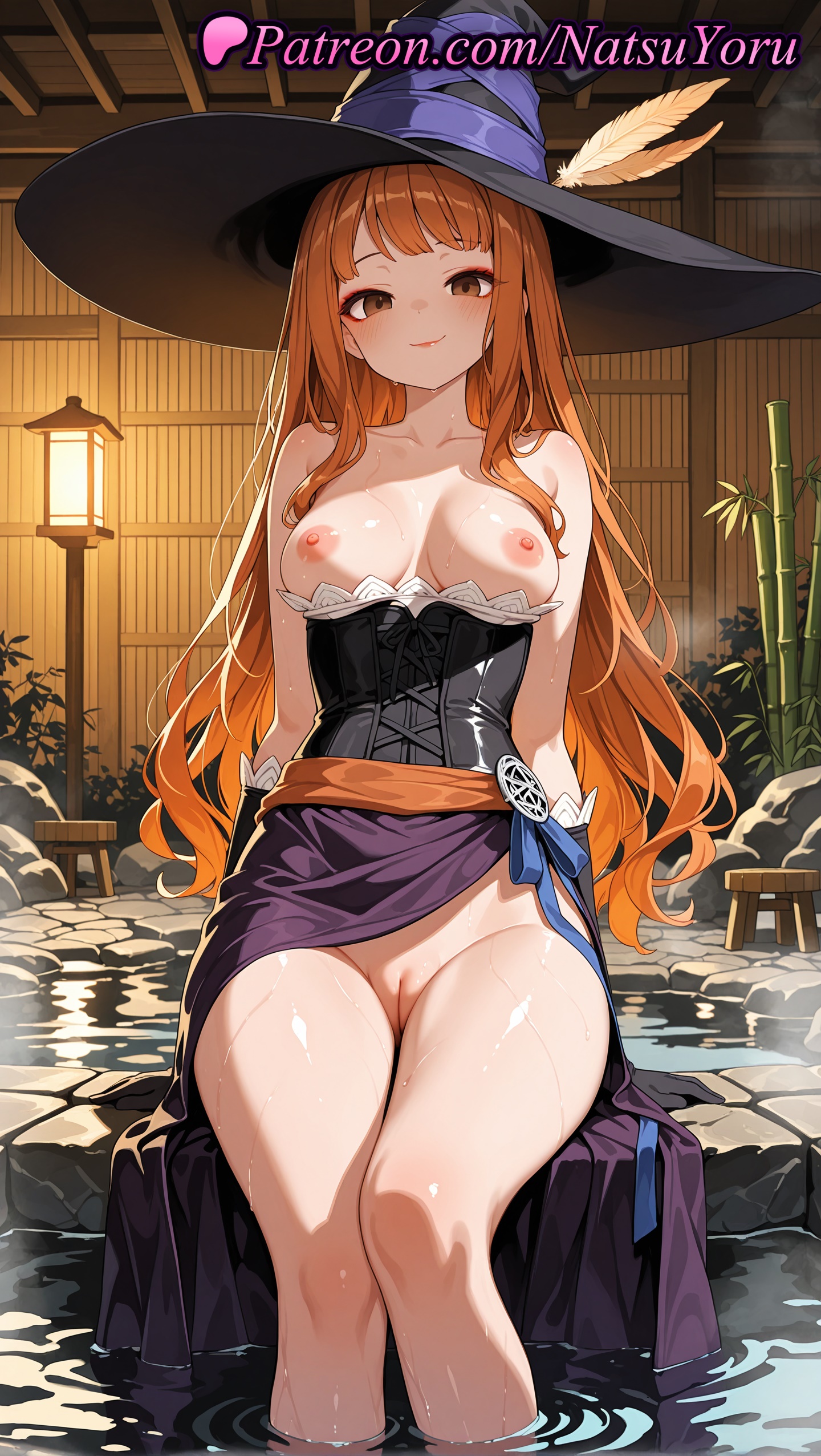 1girls, 2025, ai assisted, ai generated, anime, anime style, bangs, black corset, black gloves, black headwear, breasts, brown eyes, closed mouth, collarbone, corset, dragon's crown, dress, female, hat, hat feather, hi res, high quality, high resolution, highres, large breasts, long hair, looking at viewer, medium breasts, natsuyoru, nipples, no panties, onsen, orange hair, patreon, purple headwear, pussy, sitting, smile, soaking feet, solo, sorceress (dragon's crown), stable diffusion, strapless dress, vagina, voluptuous, voluptuous female, water, wet, witch hat
