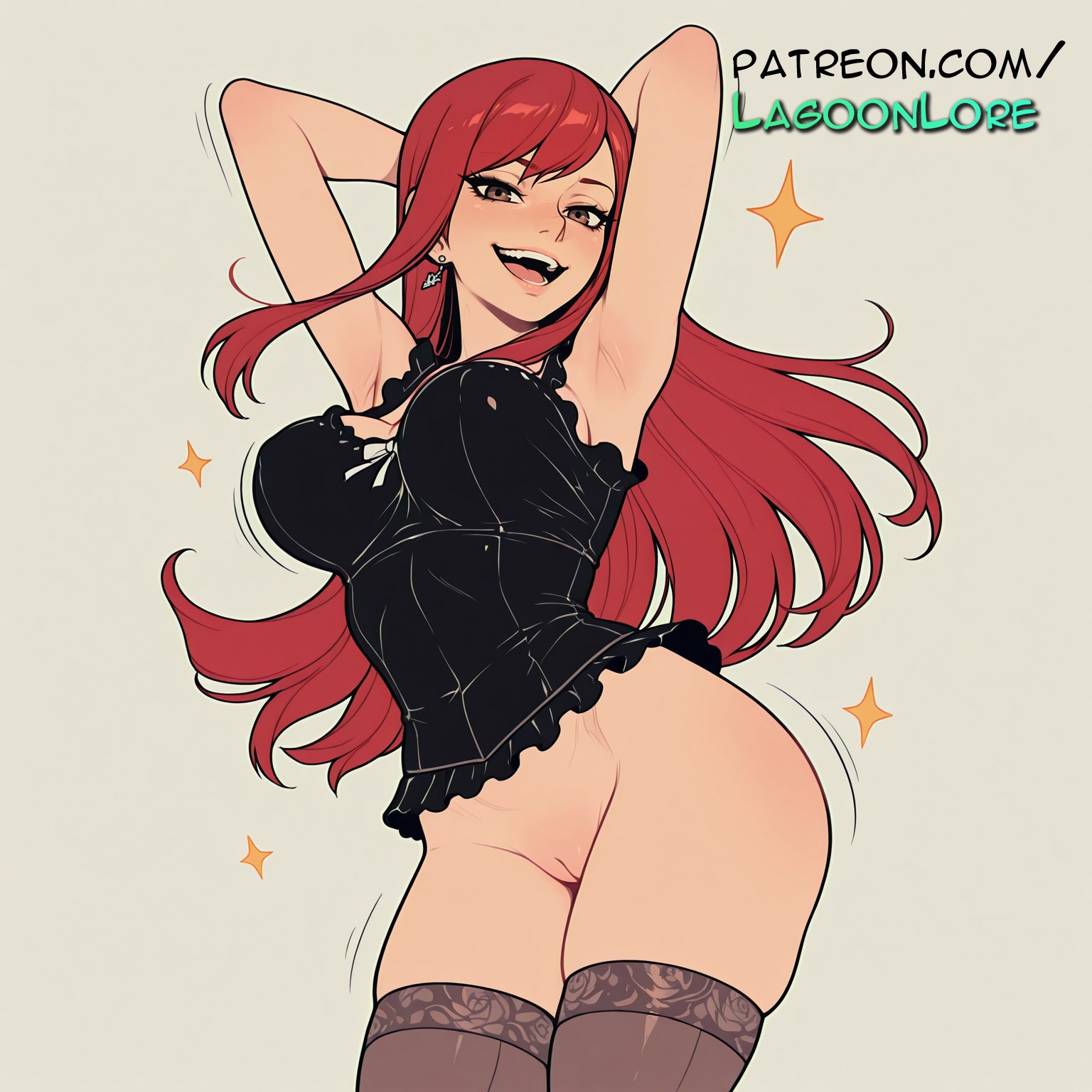 1girls, ai generated, armpits, arms behind head, artist name, blush, bottomless, breasts, bust, chest, clitoral hood, diffraction spikes, doyagao, earrings, erza scarlet, exposed pussy, fairy tail, female, female ejaculation, glint, grey background, hi res, highres, jewelry, juicy pussy, lactation, lagoonlore, lens flare, lipstick, long hair, no panties, patreon, patreon username, pussy, red hair, red-haired female, smile, smug, solo, sparkle, sparkle background, sparkling eyes, thick thighs, thighhighs, thighs, tight pussy, uncensored, vagina, watermark