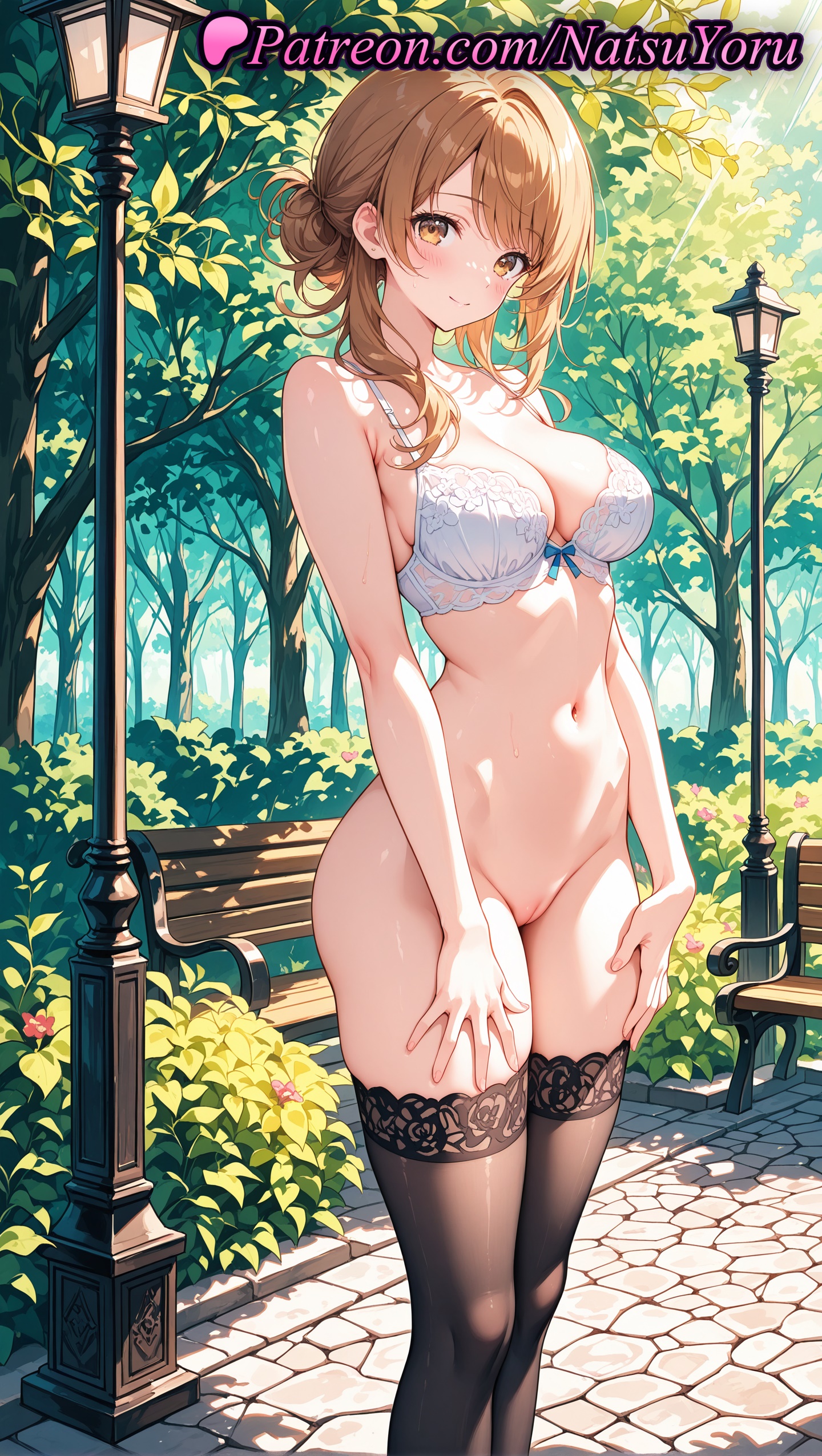 1girls, 2025, ai assisted, ai generated, anime, anime style, bangs, bare shoulders, bench, black legwear, black thighhighs, blush, bottomless, bow, bow bra, bra, breasts, brown eyes, brown hair, bush, bust, busty, cleavage, cleft of venus, closed mouth, collarbone, day, feet out of frame, female, female focus, female only, flower, hair bun, hands on own thighs, hi res, high quality, high resolution, highres, hori kyouko, horimiya, lace trim, lace-trimmed bra, lamppost, large breasts, lingerie, long hair, looking at viewer, natsuyoru, navel, no panties, on bench, outdoors, paipan, park bench, patreon, public indecency, pussy, sidelocks, single hair bun, sitting on bench, smile, solo, solo female, stable diffusion, standing, stomach, thighhighs, thighs, tree, uncensored, underwear, vagina, voluptuous, voluptuous female, white bra, yellow eyes