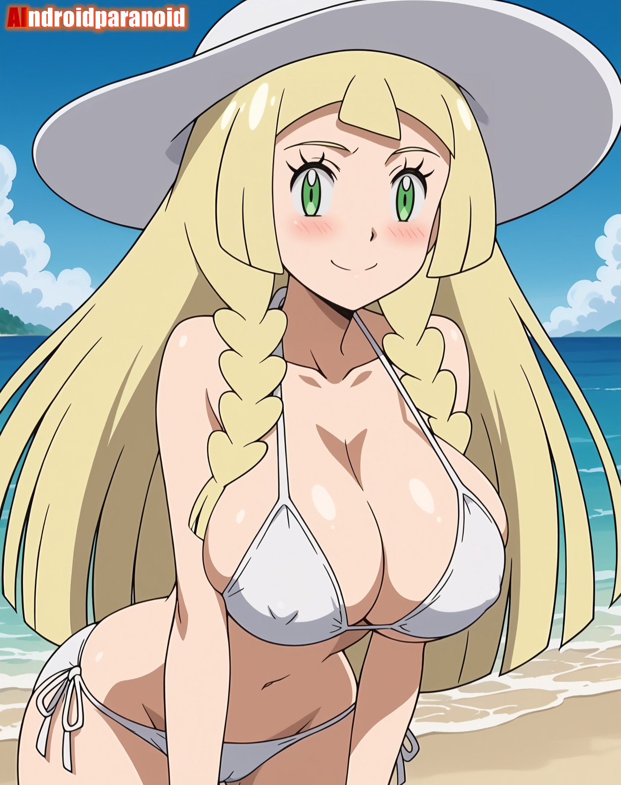 2025, ai generated, aindroidparanoid, alternate breast size, anime, beach, beach hat, blonde female, blonde girl, blonde hair, blonde-haired female, breasts, female, green eyes, hands on knees, instagram, lillie (pokemon), looking at viewer, meta, nintendo, orange cheeks, pokemon, shy, smile, smiling at viewer, video game, white bikini