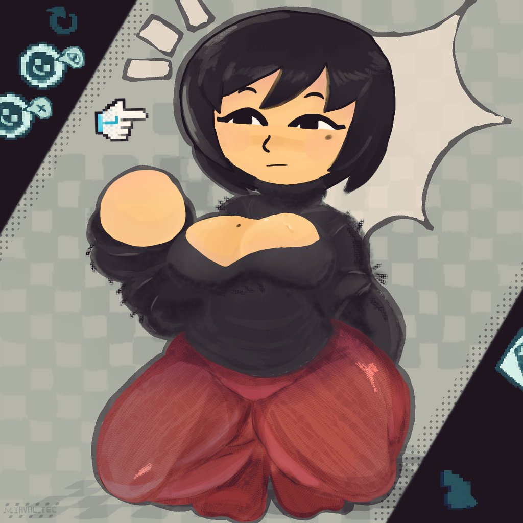 1girls artist_request ava_(gazoogaloo) black_eyes black_hair black_sweater black_turtleneck black_turtleneck_sweater blush breasts burgundy_pants cleavage cleavage_cutout female large_breasts mii mole mole_on_breast mole_under_eye nintendo oc pants short_hair solo solo_female solo_focus sweat sweater turtleneck