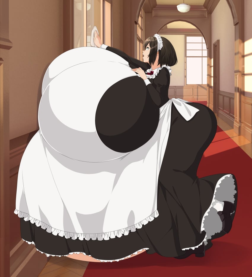 1girls, ass, ass bigger than head, belly, belly bigger than body, belly on ground, big ass, breasts, breasts bigger than head, breasts bigger than torso, breasts on belly, brown hair, casual, casual hyper, casual pregnancy, cleaning, dark brown hair, detailed background, female, female only, gigantic belly, gigantic breasts, hallway, hallway in background, hand on breast, huge ass, huge breasts, hyper, hyper breasts, hyper pregnancy, impossible clothes, large breasts, maid, maid apron, maid uniform, pregnant, pregnant female, saburox, short hair, solo