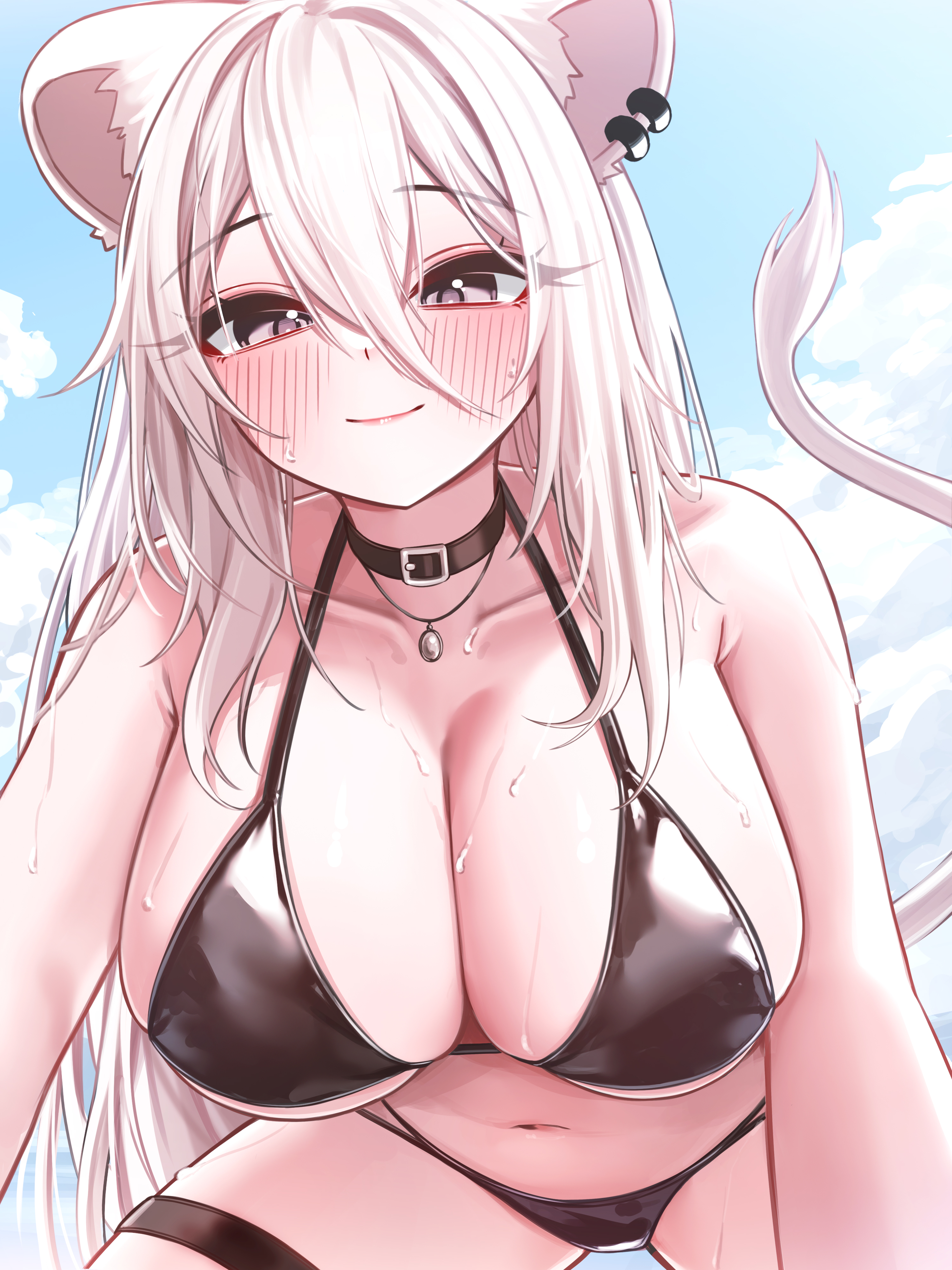 absurdres, ahoge, animal ear fluff, animal ear piercing, animal ears, bikini, black bikini, black collar, blue sky, blush, breasts, cleavage, closed mouth, collar, day, double-parted bangs, female, grey eyes, grey hair, hair between eyes, halterneck, highres, hololive, hololive gen 5, hololive japan, large breasts, lion ears, lion tail, long hair, looking at viewer, multi-strapped bikini bottom, navel, outdoors, ruo1001, shishiro botan, sky, smile, solo, swimsuit, tail, thigh strap, virtual youtuber, wet
