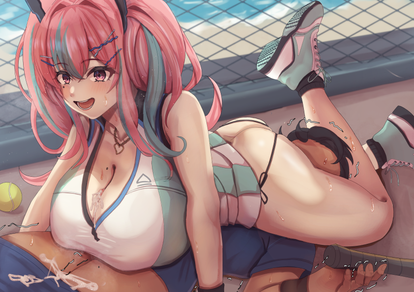 1boy 1girls 69 araimooah ass azur_lane breasts bremerton_(azur_lane) bremerton_(scorching-hot_training)_(azur_lane) brown-skinned_male brown_body brown_penis brown_skin cleavage cum cum_on_breasts cum_on_self eagle_union_(azur_lane) female female_domination femdom head_between_thighs headscissor interracial leg_lock licking_lips light-skinned_female light_body light_skin male malesub multicolored_hair paizuri paizuri_under_clothes penis pink_eyes pink_hair sweat tan-skinned_male tan_skin tennis_ball tennis_racket titfuck trembling