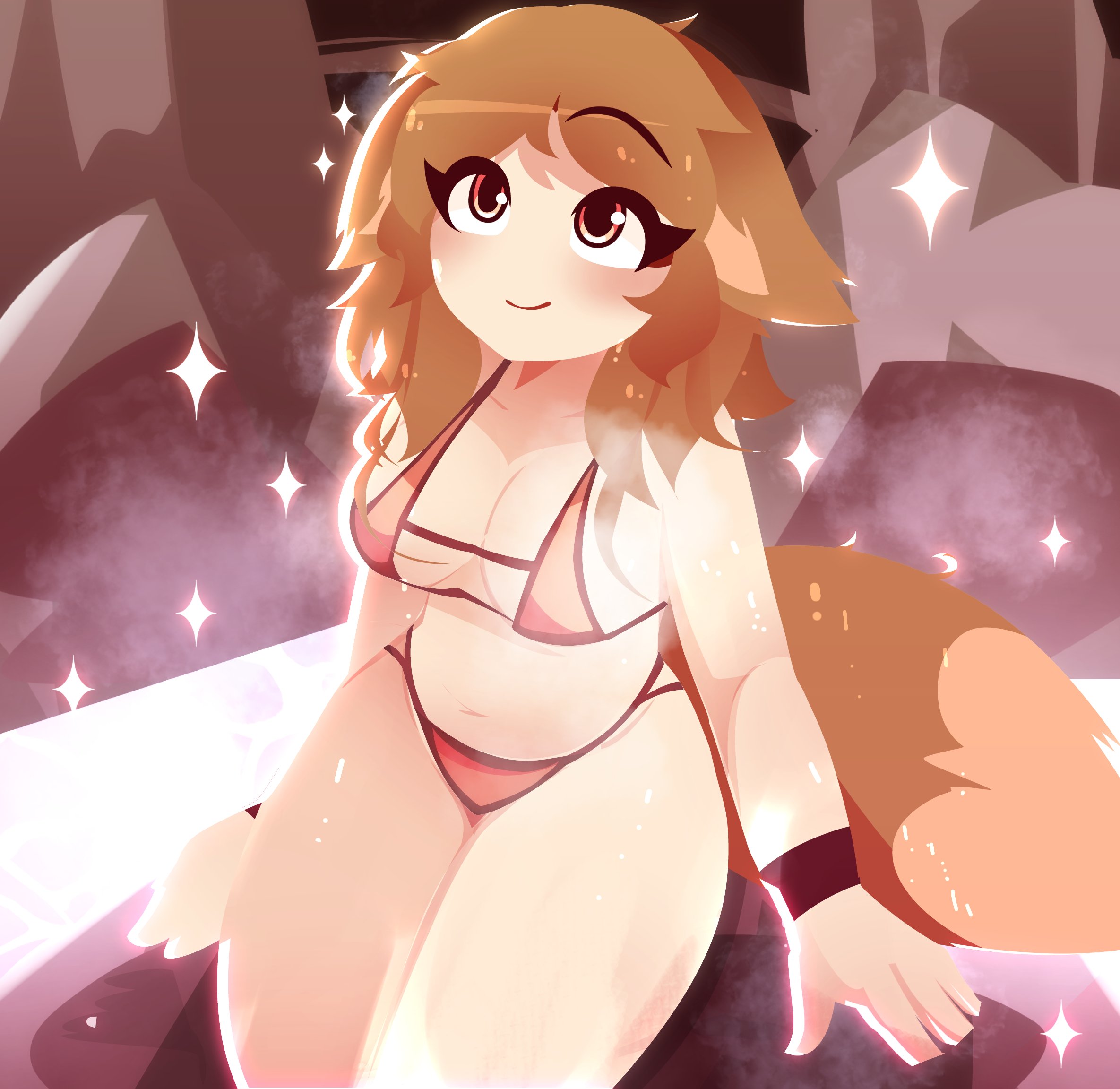 1girls, animal tail, bikini, brown hair, cathie (rivergravidade), cute, cute face, eyelashes, female, female focus, female only, happy, happy female, messy hair, oc, orange bikini, orange eyes, original, original art, original artwork, original character, originalcharacter, rivergravidade, rosy cheeks, shiny, shiny hair, shiny skin, short hair, smile, smiling, solo, solo female, solo focus, tagme, tagme (artist), tagme (character), tail, thick, thick thighs, wet, wet body, wristband