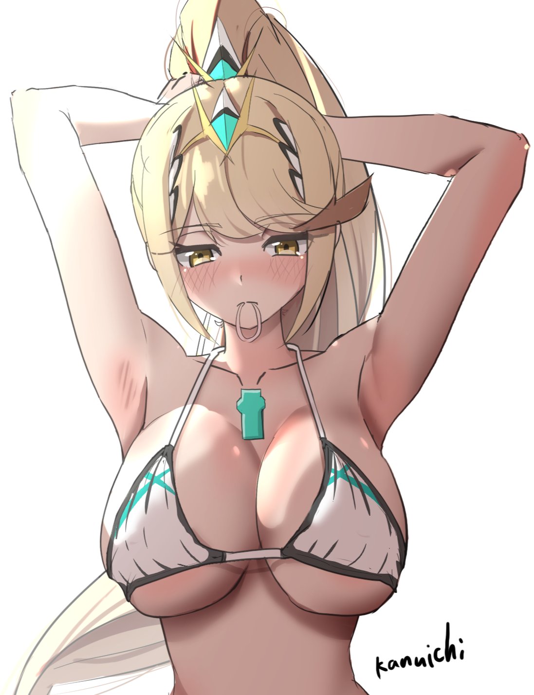 adjusting hair, alluring, arms behind head, big breasts, bikini, blonde hair, blush, breasts, closed mouth, collarbone, commentary request, female, halterneck, high res, kanuici336, kanuitichrom, long hair, mythra, nintendo, ponytail, seductive gaze, simple background, skindentation, strap gap, swimsuit, tying hair, upper body, very long hair, white background, white bikini, xenoblade (series), xenoblade chronicles 2, yellow eyes