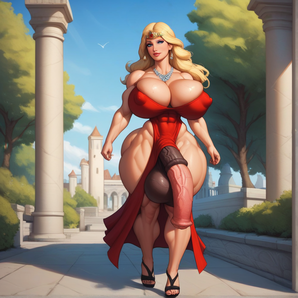 ai_assisted ai_generated balls big_balls big_breasts big_butt blonde_hair breasts dress futanari garden high_heels horsecock intersex muscular muscular_futa muscular_futanari palace penis queen veiny_penis