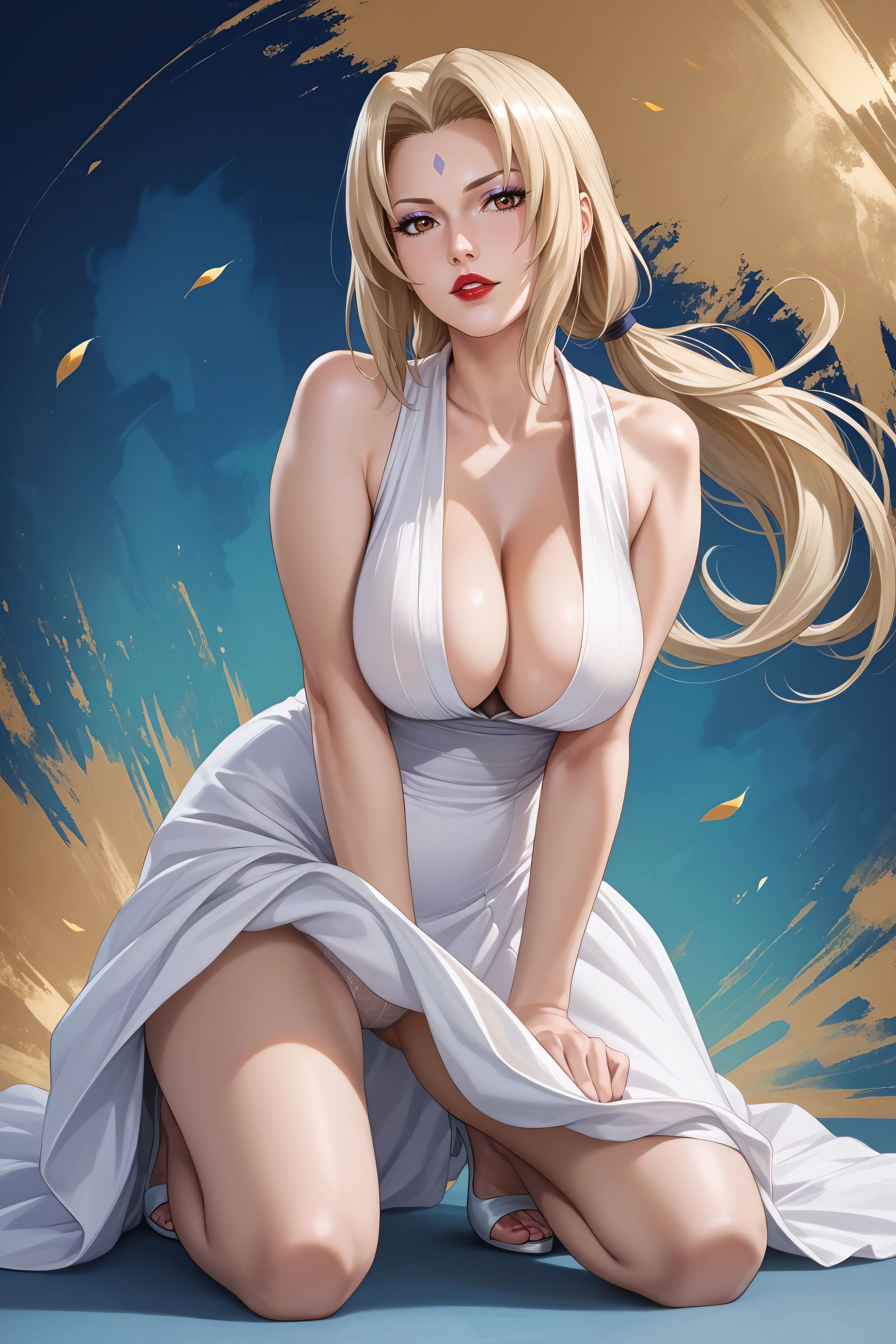 abstract background, ai generated, blonde hair, breasts, brown eyes, dress, female, full body, hentarttt, large breasts, milf, naruto, naruto (series), naruto shippuden, parted lips, red lipstick, sagging breasts, tsunade