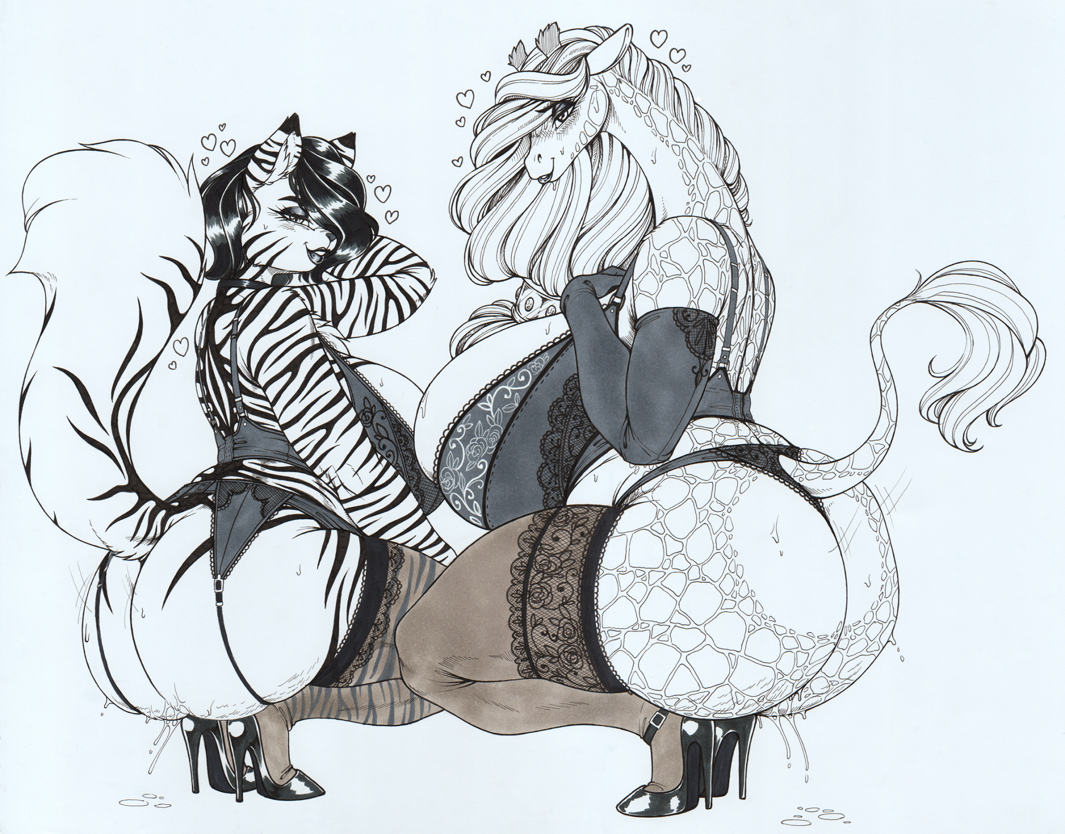 anthro, ass, bedroom eyes, big ass, big breasts, big butt, black hair, bodily fluids, breasts, cellulite, clothing, crouching, curvy figure, duo, eyelashes, felid, female, fluffy, fluffy tail, footwear, garter belt, garter straps, genital fluids, giraffe, giraffid, hair, half-closed eyes, heart symbol, hi res, high heels, horn, huge ass, huge breasts, huge butt, lace, lace panties, legwear, lhana (longinius), lingerie, lips, lipstick, long neck, longinius, makeup, mammal, mature female, monochrome, narrowed eyes, ossicone, overweight, overweight anthro, overweight female, pantherine, pussy, pussy juice string, raised tail, seductive, shoes, sketch, smile, tail, tail tuft, take your pick, thigh highs, tiger, tuft, vaginal fluids, voluptuous anthro, voluptuous female, zawabi