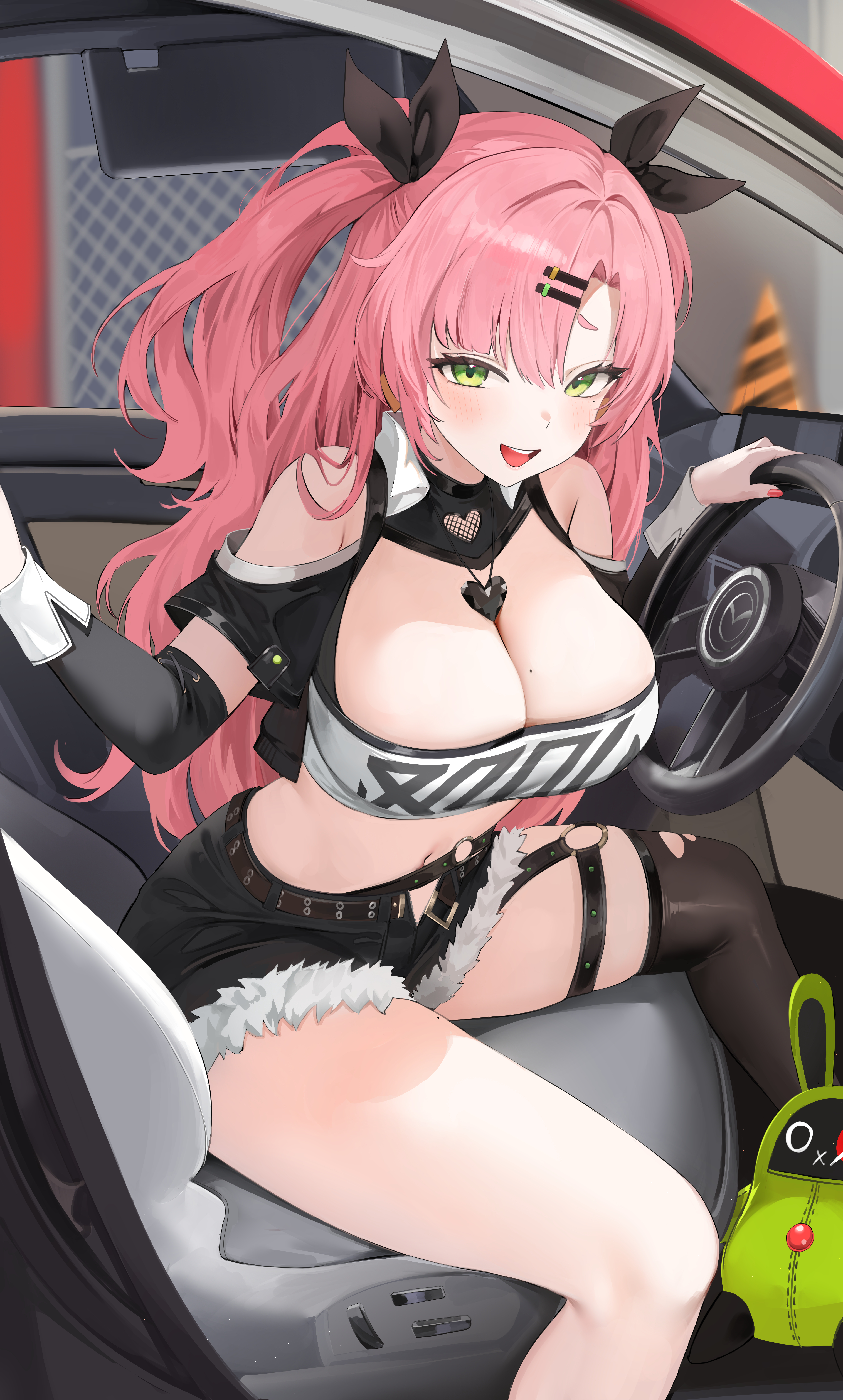 1girls, 2d, 2d (artwork), 2d artwork, amillion (zenless zone zero), background, big boobs, big breasts, big tits, boobs, breasts, breasts focus, car, car interior, female, female focus, female only, green eyes, green-eyed female, hi res, high quality, high resolution, highres, lillly, long hair, long-haired female, looking at viewer, motor vehicle, nicole demara, pink hair, pink-haired female, smile, smiling, smiling at viewer, steering wheel, thick thighs, thighhighs, thighs, tits, zenless zone zero
