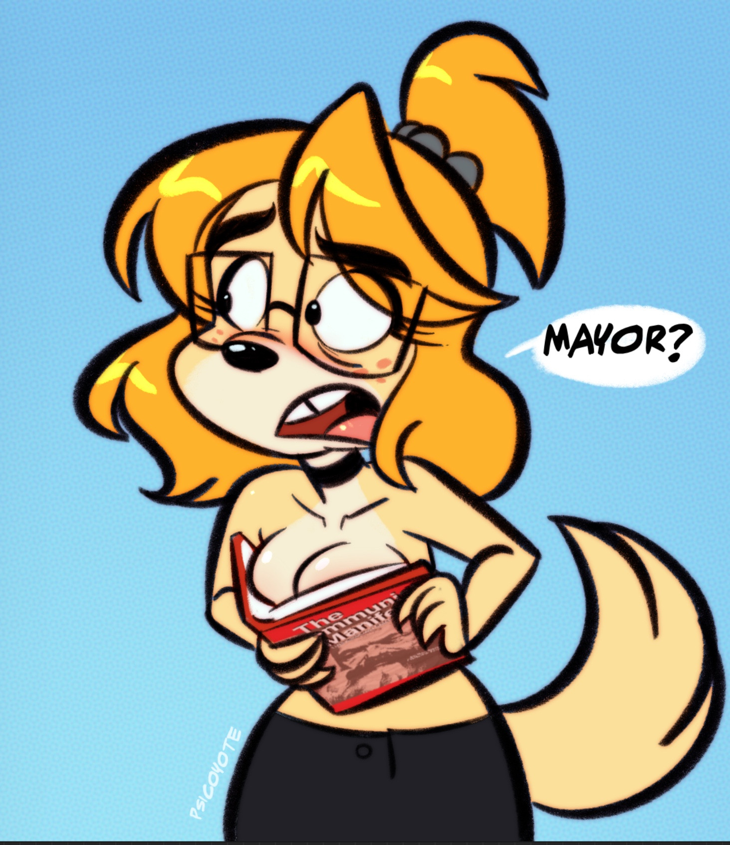 1girls, animal crossing, blue background, breasts, embarrassed, female, glasses, gradient background, isabelle (animal crossing), ouch meme, pattern background, psicoyote, signature, simple background, tagme, text, topless, watermark