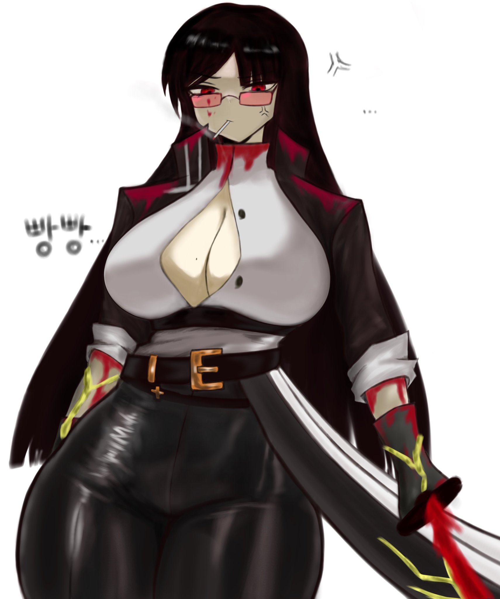..., 1girls, anger vein, big breasts, black gloves, black hair, breasts, cleavage, e.g.o (project moon), eyewear, female, female only, glasses, gloves, korean text, large breasts, limbus company, long hair, looking over eyewear, looking over sunglasses, open clothes, open shirt, pants, pmlbtmlorlc, possessed, possession, project moon, red eyes, ryoshu (limbus company), simple background, solo, thick thighs, tinted eyewear, unbuttoned, voluptuous, white background, wide hips