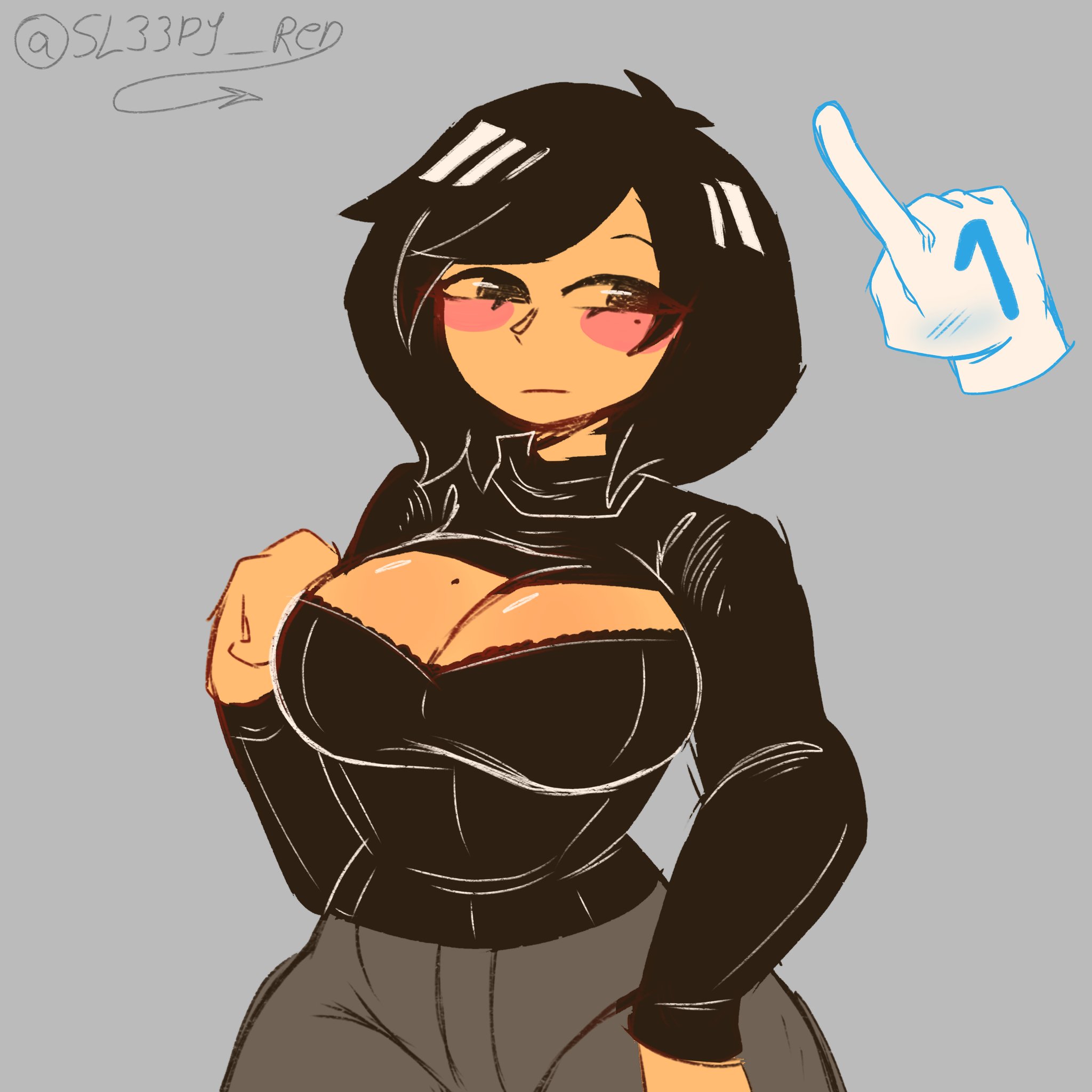 1girls, ava (gazoogaloo), black bra, black eyes, black hair, blush, blush stickers, bra peek, breasts, cleavage, cleavage cutout, female, grey background, large breasts, mii, mole, mole on breast, mole under eye, nintendo, oc, short hair, simple background, sl33py red, solo, solo female, solo focus