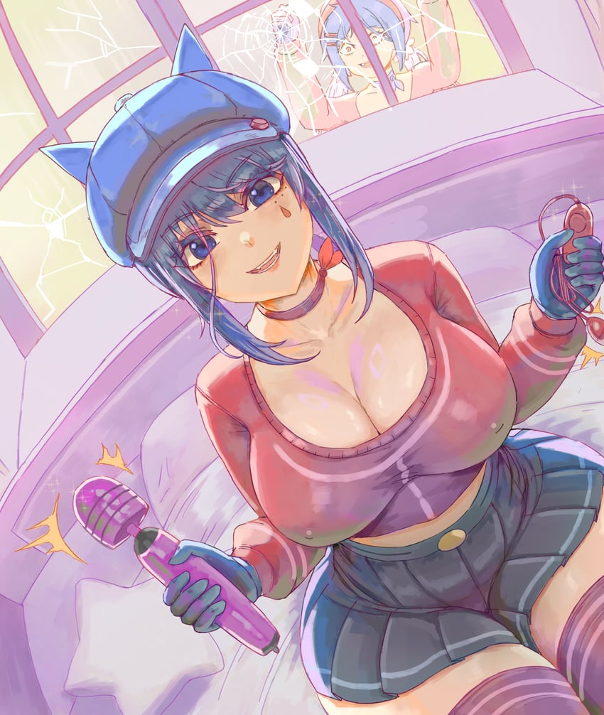 2girls, blue eyes, blue hair, breasts, cappie (miside), choker, cleavage, collarbone, cool mita (miside), covered nipples, crazy mita (miside), crop top, egg vibrator, fangs, female, glass, gloves, hat, holding object, large breasts, long hair, looking at viewer, midriff, miside, mita (miside), on bed, ponytail, sex toy, shirt, skirt, smile, solo focus, tattoo, thighhighs, thighs, vibrator, voidmakerz