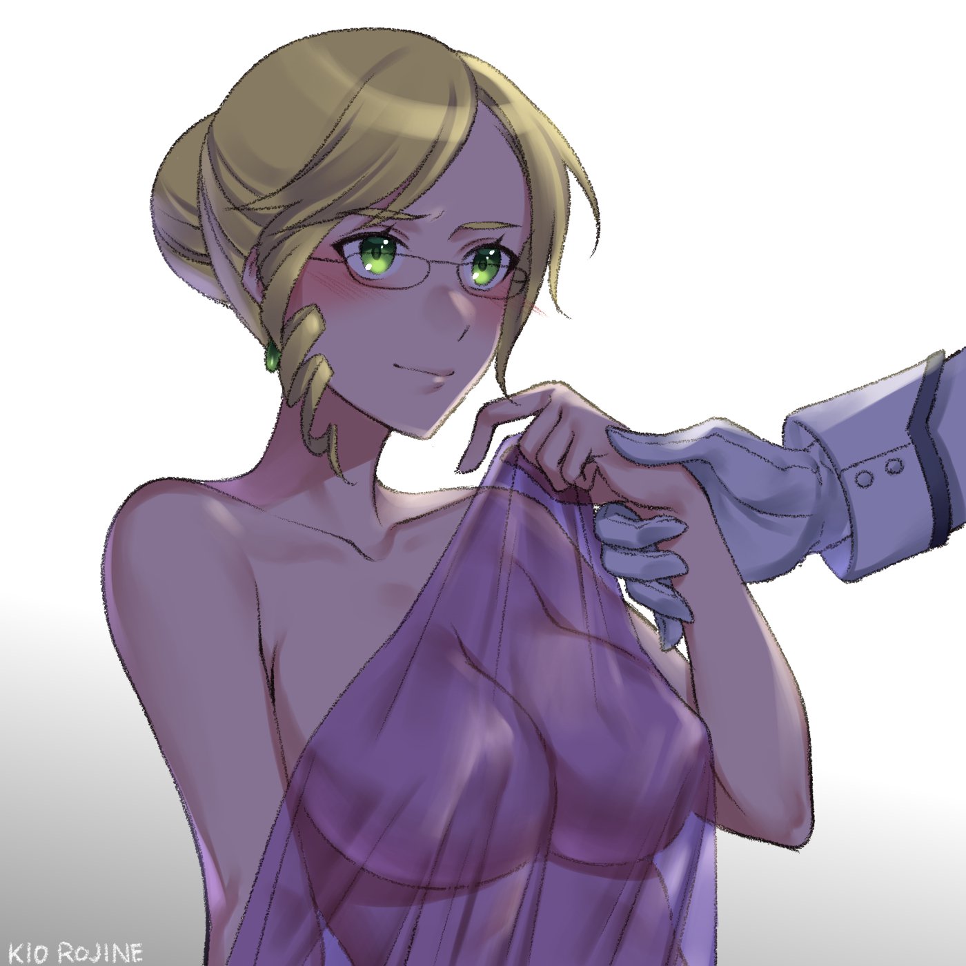 1boy, blonde female, blonde hair, blonde-haired female, blush, breasts, erect nipples, erection under clothes, female, glasses, gloves, glynda goodwitch, green eyes, highres, holding another's wrist, james ironwood, kio rojine, loose clothes, male, milf, nightgown, nipples, nude, older female, older male, romantic, rwby, see-through, see-through clothes, see-through clothing, see-through dress, see-through silhouette, sensual