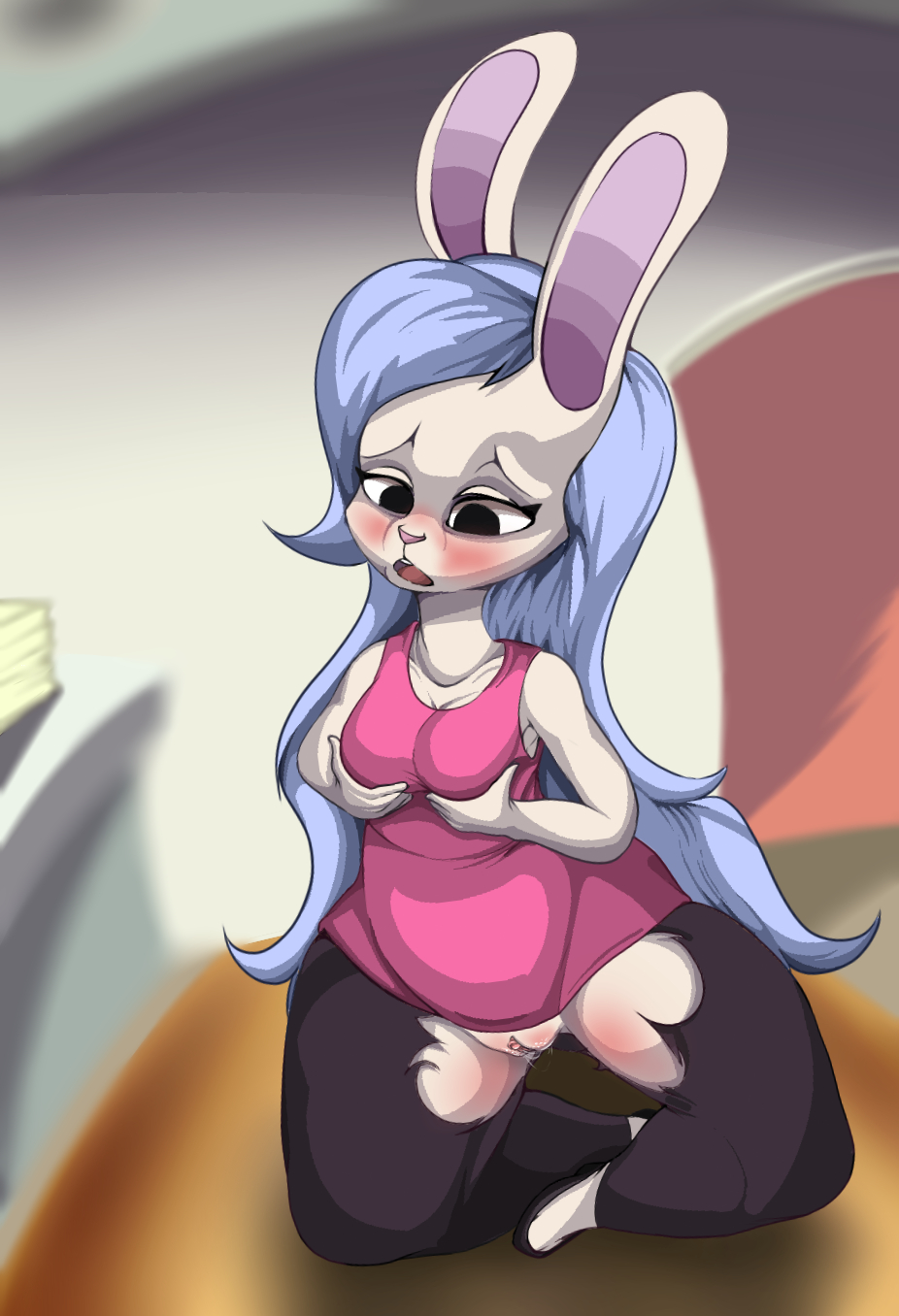 2018 4:3 anthro blue_hair blush breasts cartoon_hangover clitoral_hood clitoris clothed clothing digital_media_(artwork) ex_(welcome_to_doozy) female flamyphantom1 hair kneeling lagomorph long_hair mammal nude presenting presenting_pussy pussy pussy_juice shy simple_background solo teeth torn_clothing welcome_to_doozy wet