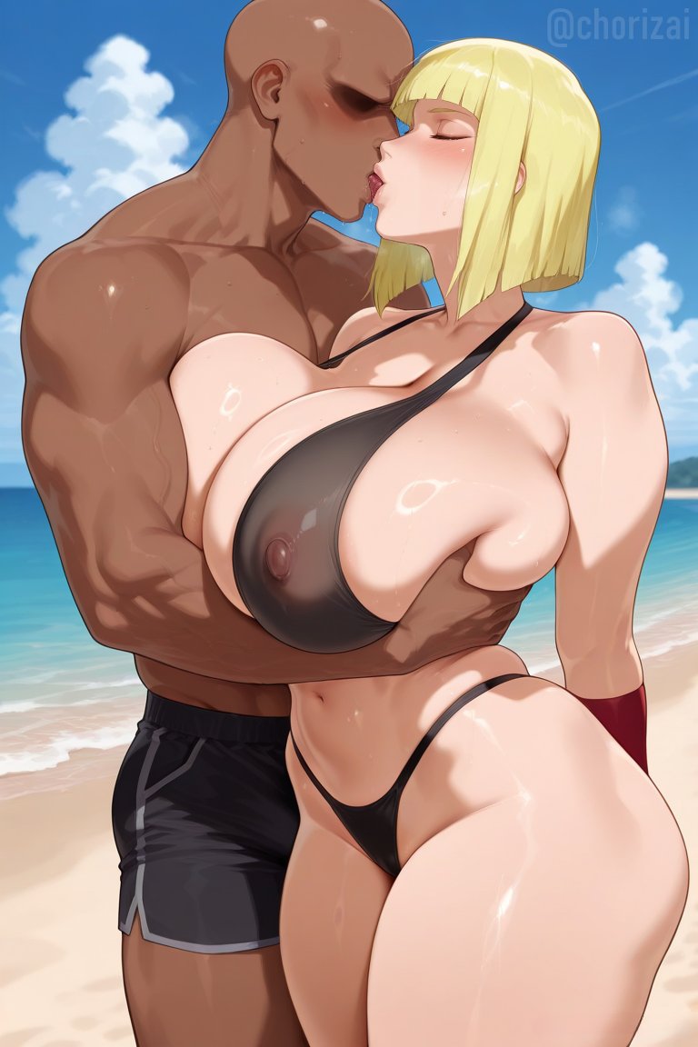 1girls ai_generated bangs beach big_breasts bikini blonde_hair blue_eyes blunt_bangs bob_cut breasts_bigger_than_head chorizai couple dark-skinned_male female female_only groping groping_breasts interracial kissing kunoichi large_breasts light-skinned_female light_skin massive_breasts naruto naruto_(series) naruto_shippuden ninja nipple_bulge nipples nipples_visible_through_clothing samui sfw short_hair shorts solo_focus tongue_kiss
