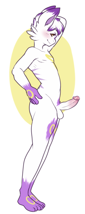 2015 arm_up balls brown_eyes cream_(artist) erection feet furry hand_on_head hand_on_hip ian_(smuttysquid) male male_only original original_character penis purple_fur purple_hair rabbit short_hair tktktk white_background white_fur white_hair yellow_background yellow_fur