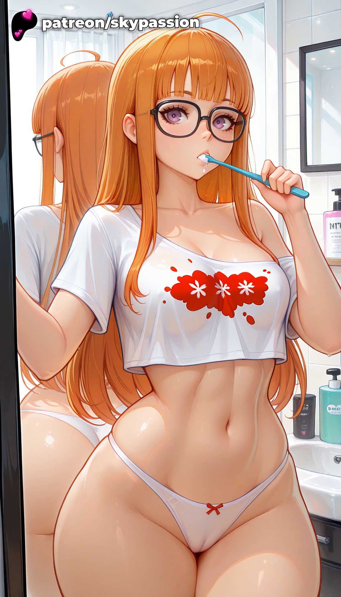 1girls, 2026, ai assisted, ai generated, anime, artist name, bangs, blunt bangs, breasts, bust, cellphone, computer, explicit, glasses, hi res, high quality, high resolution, highres, laptop, long hair, mirror, monitor, orange hair, panties, patreon, patreon username, persona, persona 5, phone, purple eyes, sakura futaba, skypassion, stable diffusion, television, underwear, watermark, white panties