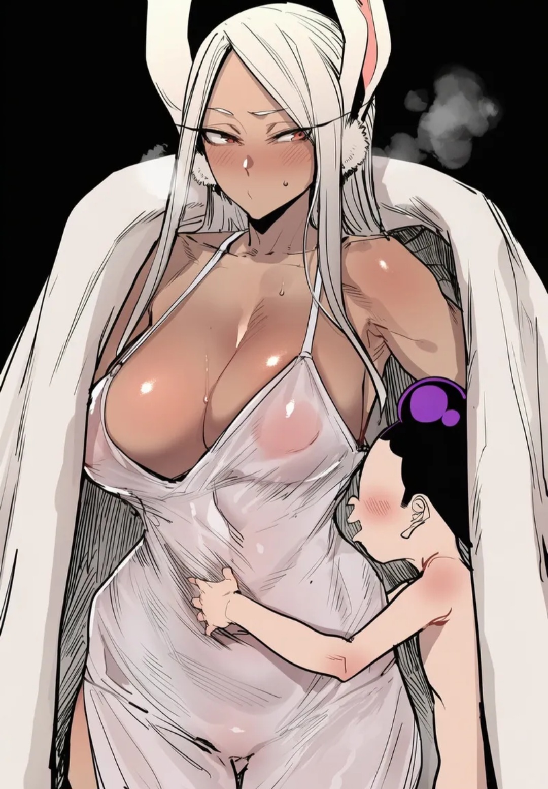 1boy, 1girls, ai generated, big breasts, blush, boku no hero academia, dark-skinned female, dark-skinned male, female, huge breasts, large breasts, male, mineta minoru, minoru mineta, mirko, miruko, my hero academia, rabbit, rabbit ears, rumi usagiyama, size difference, steam, steamy breath, thick thighs, usagiyama rumi, white hair