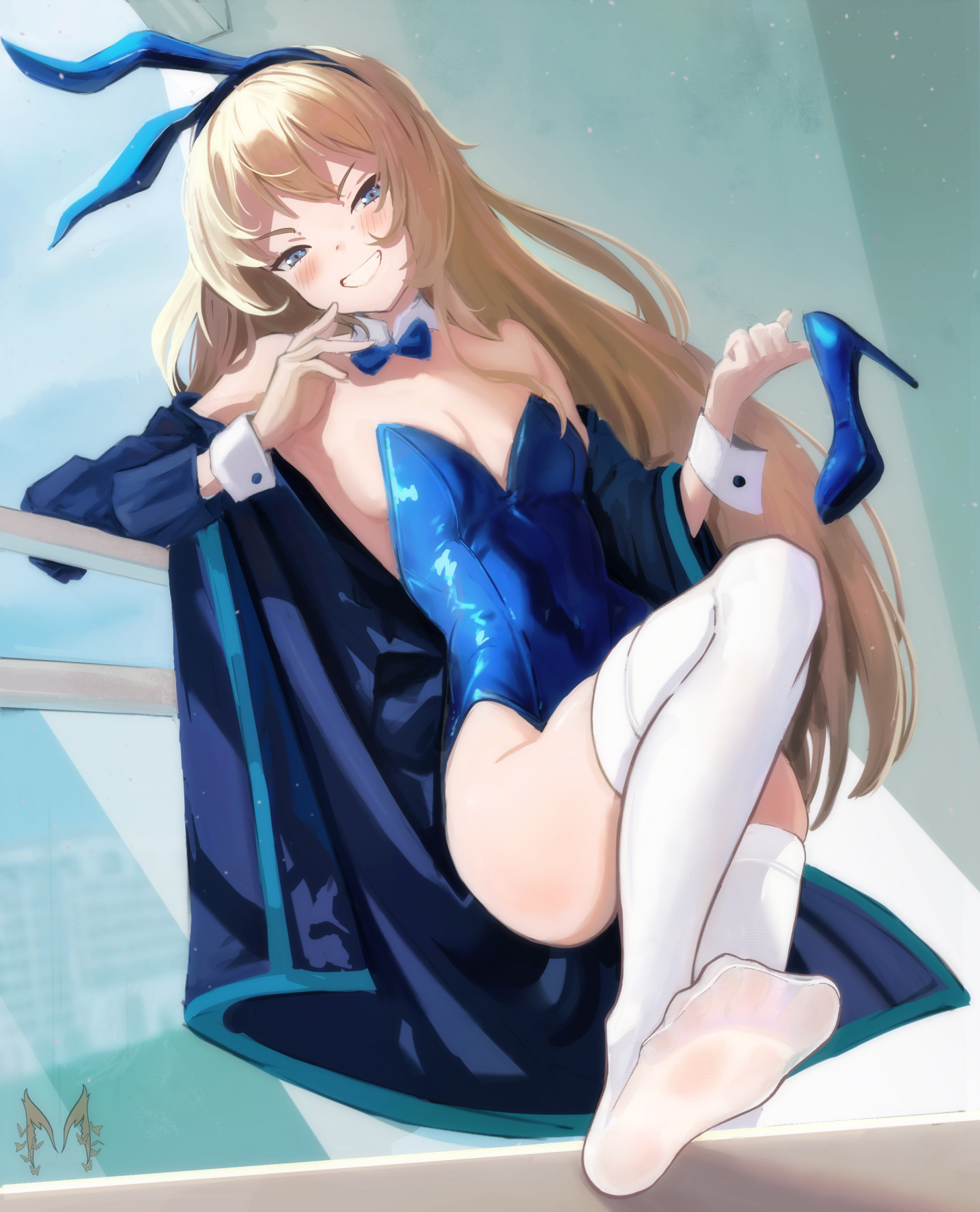 1girls, absurd res, absurdres, ankles, ass, belly button, blonde eyebrows, blonde female, blonde hair, blonde-haired female, blue archive, blue bowtie, blue bunny ears, blue bunnysuit, blue coat, blue eyes, blue footwear, blue hairband, blue high heels, blue jacket, blue leotard, blue shoes, blue topwear, blue-eyed female, blush, blush face, blush lines, blushed face, blushing at viewer, blushing face, blushing female, bowtie, breasts, bunny ears, bunny girl, bunnygirl outfit, bunnysuit, calves, cleavage, coat, collar, dot nose, feet, female, female focus, female only, fingers, footwear, full body, grin, grinning, grinning at viewer, hairband, head tilt, high heels, high resolution, high school student, highres, hourglass figure, jacket, knee socks, knees, lean figure, legs, legwear, leotard, light skin, light-skined female, light-skinned female, long hair, looking at viewer, looking down, looking down at viewer, medium breasts, miserel, narrow waist, navel, open coat, open jacket, open topwear, pale skin, pale-skinned female, schoolgirl, seductive grin, shoes, shoulders, slender body, slender waist, slim female, slim waist, smile, smiley face, smiling, smiling at viewer, smooth skin, smug, smug expression, smug eyes, smug face, smug grin, smug smile, soles, solo, standing, stockings, teenage female, teenager, thick thighs, thigh highs, thighhighs, thighs, thin waist, tilted head, toes, toki (blue archive), toki (bunny) (blue archive), topwear, white collar, white knee socks, white legwear, white stockings, white thigh highs, white thighhighs, white wrist cuffs, wide hips, wrist cuffs, young female