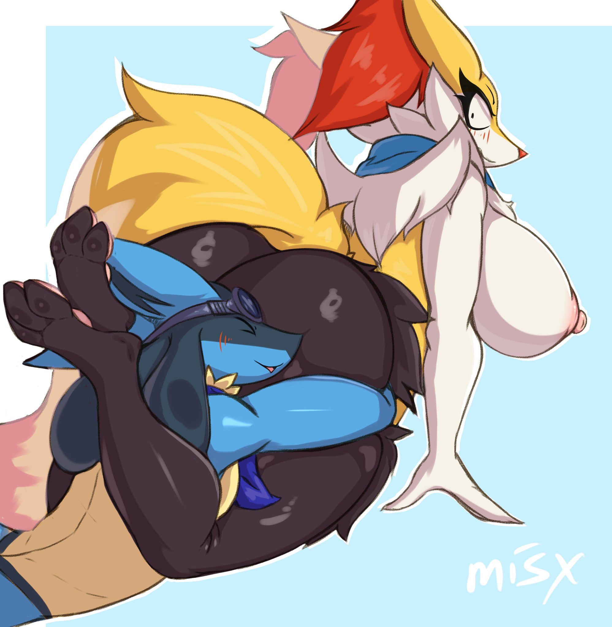 2d, anthro, artist signature, ass, ass focus, big ass, big breasts, blank background, blush, braixen, breasts, bubble ass, bubble butt, embarrassed, embarrassed expression, embarrassed female, fat ass, female, fur, furry, happy, huge ass, huge breasts, hugging, hugging ass, hugging from behind, lucario, male, misx, nintendo, pokemon, shocked, straight, suprised, thick thighs