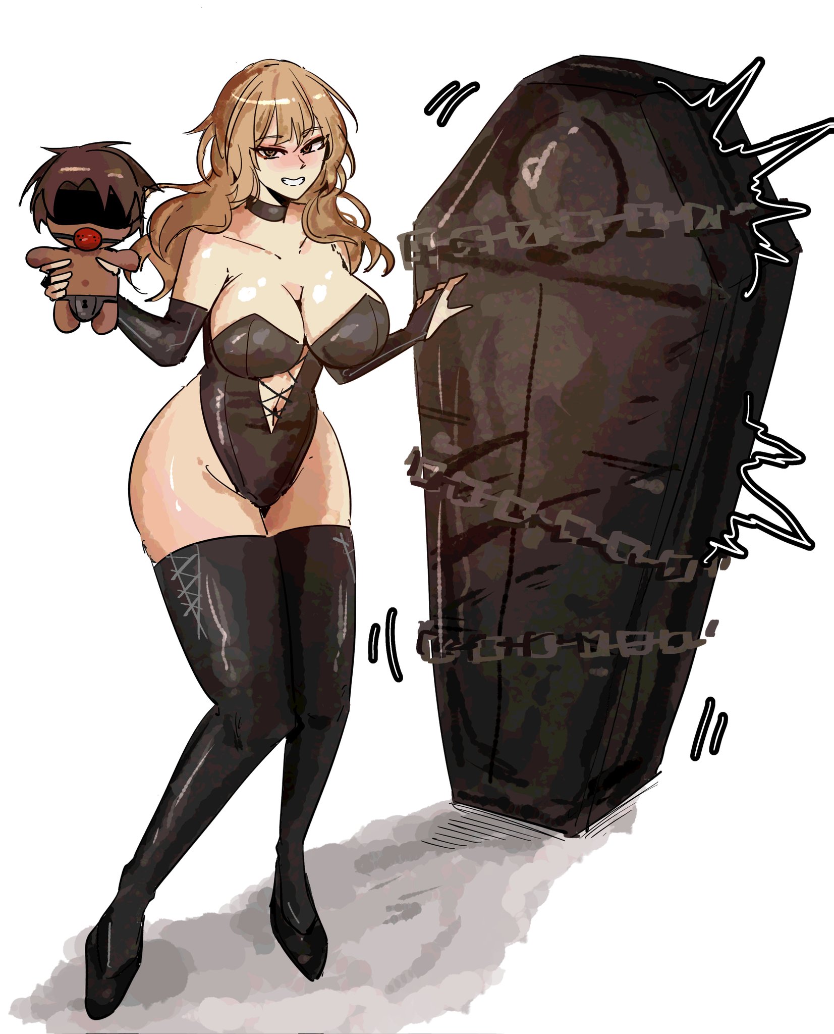 1girls, alternate breast size, arczaeon, ball gag, big breasts, blindfold, blush, blushing, blushing at viewer, blushing female, bound and gagged, breasts, brown hair female, catherine (limbus company), chains, chastity cage, choker, cleavage, coffin, color, digital media (artwork), dominant female, erlking heathcliff (limbus company), female, femdom, heathcliff (limbus company), human, implied bondage, large breasts, leather boots, limbus company, lingerie, malesub, motion lines, no visible genitalia, plushie, project moon, revealing clothes, smile, smiling at viewer, standing, submissive male, trapped
