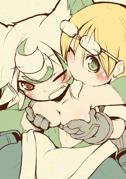 2girls, blonde hair, blush, breast squish, breasts, cleavage, female, female only, glasses, glasses on head, green eyes, groping, groping breasts, groping from behind, kemonomimi, made in abyss, narehate, nejime, one eye closed, prushka, red eyes, riko (made in abyss), two-tone hair, white hair, yuri