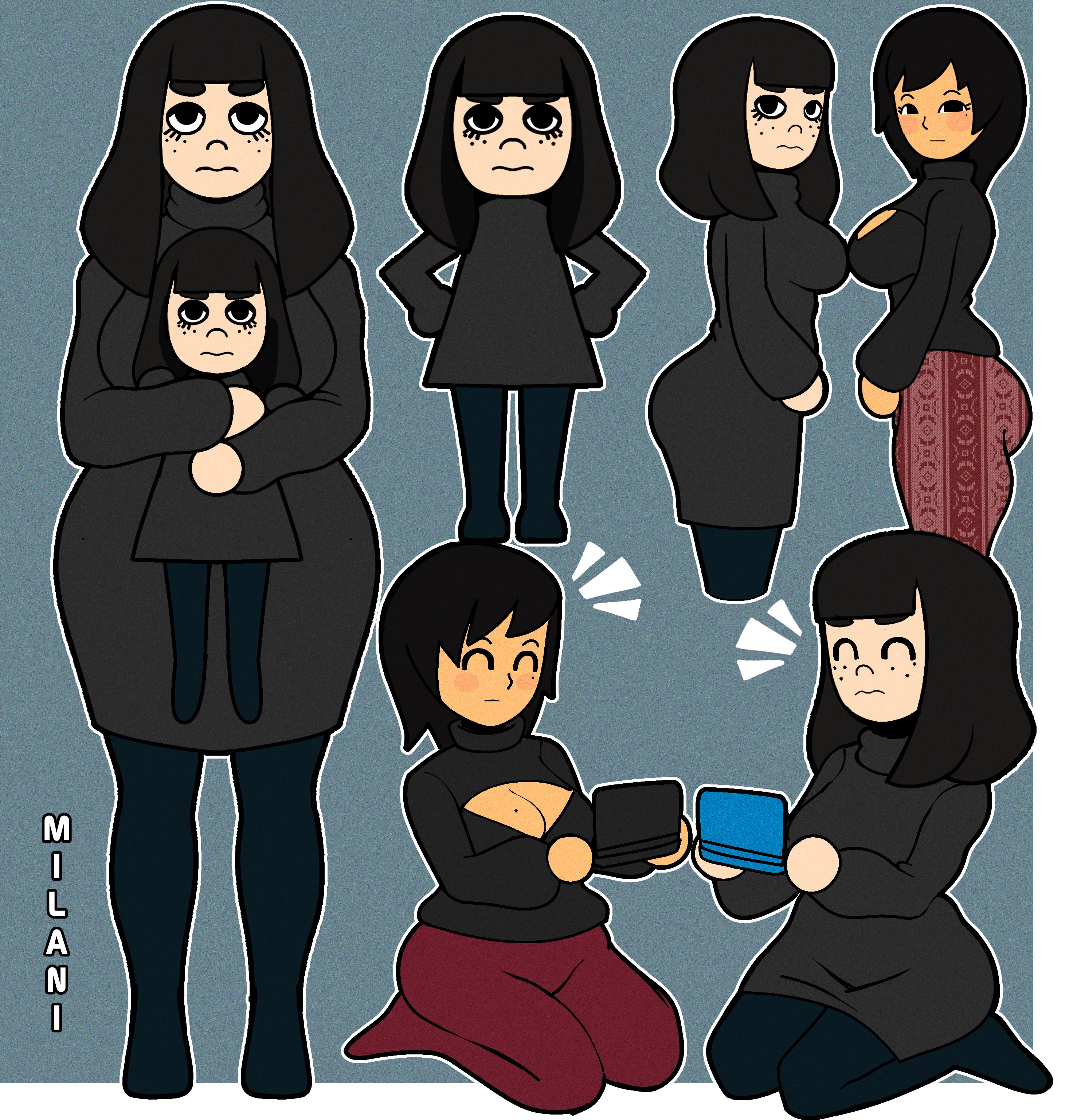 2girls, ava (gazoogaloo), black eyes, black hair, black sweater, black turtleneck, black turtleneck sweater, blush, breasts, burgundy pants, cleavage, cleavage cutout, clothed, female, female only, freckles, freckles on face, large breasts, medium hair, mii, milani (wiluma), mole, mole on breast, mole under eye, nintendo, oc, pants, short hair, solo, solo female, solo focus, sweat, sweater, text, turtleneck, wiluma