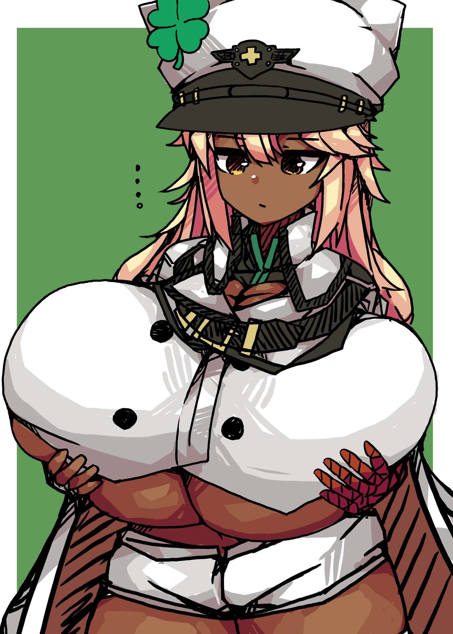 ..., 1girls, bandaged arm, blonde hair, breasts, breasts bigger than head, brown eyes, cleavage, dark skin, dark-skinned female, female, female only, guilty gear, guilty gear strive, hat, holding breasts up, huge breasts, military hat, neutral expression, ramlethal valentine, shorts, solo, sukoburukurage, thick thighs, underboob