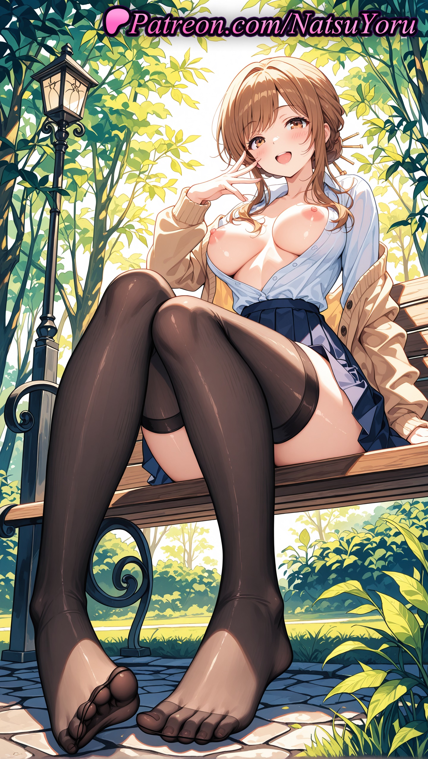 1girls, 2025, ai assisted, ai generated, anime, anime style, asian, bangs, bench, black legwear, black thighhighs, blue skirt, blush, braid, breasts, breasts apart, breasts out, brown cardigan, brown eyes, brown hair, brown thighhighs, bush, bust, busty, cardigan, collarbone, collared shirt, cover, day, dress shirt, feet, female, female focus, female only, foot fetish, foot focus, foreshortening, full body, hair bun, hair ornament, hand up, hi res, high quality, high resolution, high-waist skirt, highres, hori kyouko, horimiya, jacket, knees together feet apart, lamppost, large breasts, legs, long hair, long sleeves, looking at viewer, medium breasts, miniskirt, natsuyoru, nipples, nipples outside, no bra, no shoes, off shoulder, on bench, open cardigan, open clothes, open jacket, open mouth, open shirt, outdoors, park, park bench, partially unbuttoned, patreon, plant, pleated skirt, school uniform, sheer legwear, shirt, shirt tucked in, sidelocks, single hair bun, sitting, sitting on bench, skirt, smile, soles, solo, solo female, spread toes, stable diffusion, swept bangs, teeth, thighhighs, thighs, toenails, toes, tree, unbuttoned, uncensored nipples, upper teeth, voluptuous, voluptuous female, white shirt