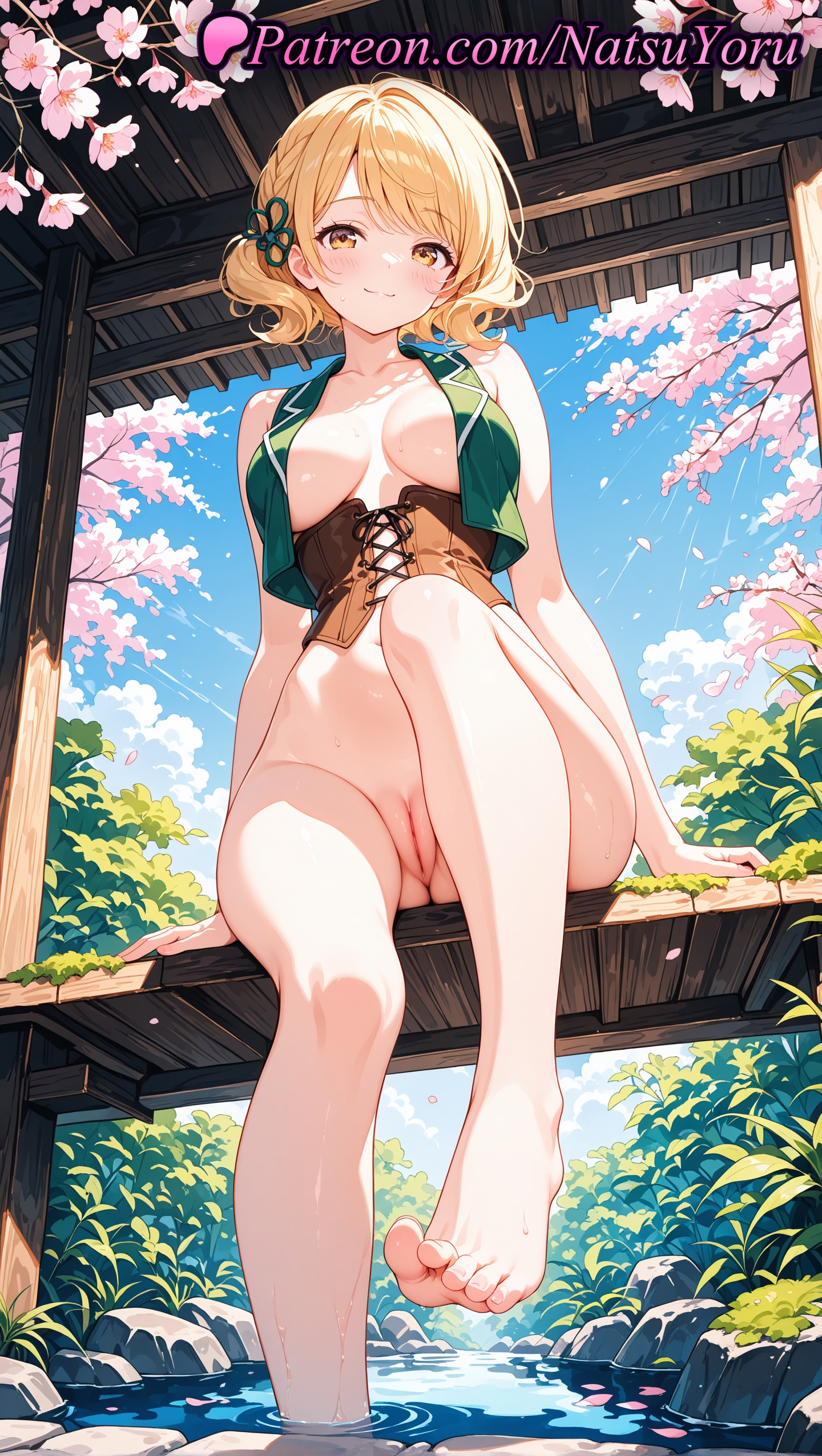 1girls, 2025, ai assisted, ai generated, anime, anime style, asian, bangs, bare shoulders, barefoot, blonde hair, blue sky, blush, bottomless, braid, breasts, breasts apart, bust, busty, cherry blossoms, cleft of venus, closed mouth, cloud, collarbone, corset, cross-laced clothes, day, feet, female, female focus, female only, foot fetish, foot out of frame, from below, green vest, hair bun, hair ornament, hair ribbon, hi res, high quality, high resolution, highres, kanojo okarishimasu, knee up, large breasts, legs, looking at viewer, medium breasts, medium hair, nanami mami, natsuyoru, navel, no bra, non-asian, onsen, open clothes, open vest, outdoors, paipan, pale skin, patreon, petals, pov feet, pussy, ribbon, rock, short hair, sitting, sky, sleeveless, smile, soaking feet, soles, solo, solo female, spread toes, stable diffusion, stomach, thighs, toenails, toes, tree, uncensored, vagina, vest, voluptuous, voluptuous female, water, wet, yellow eyes