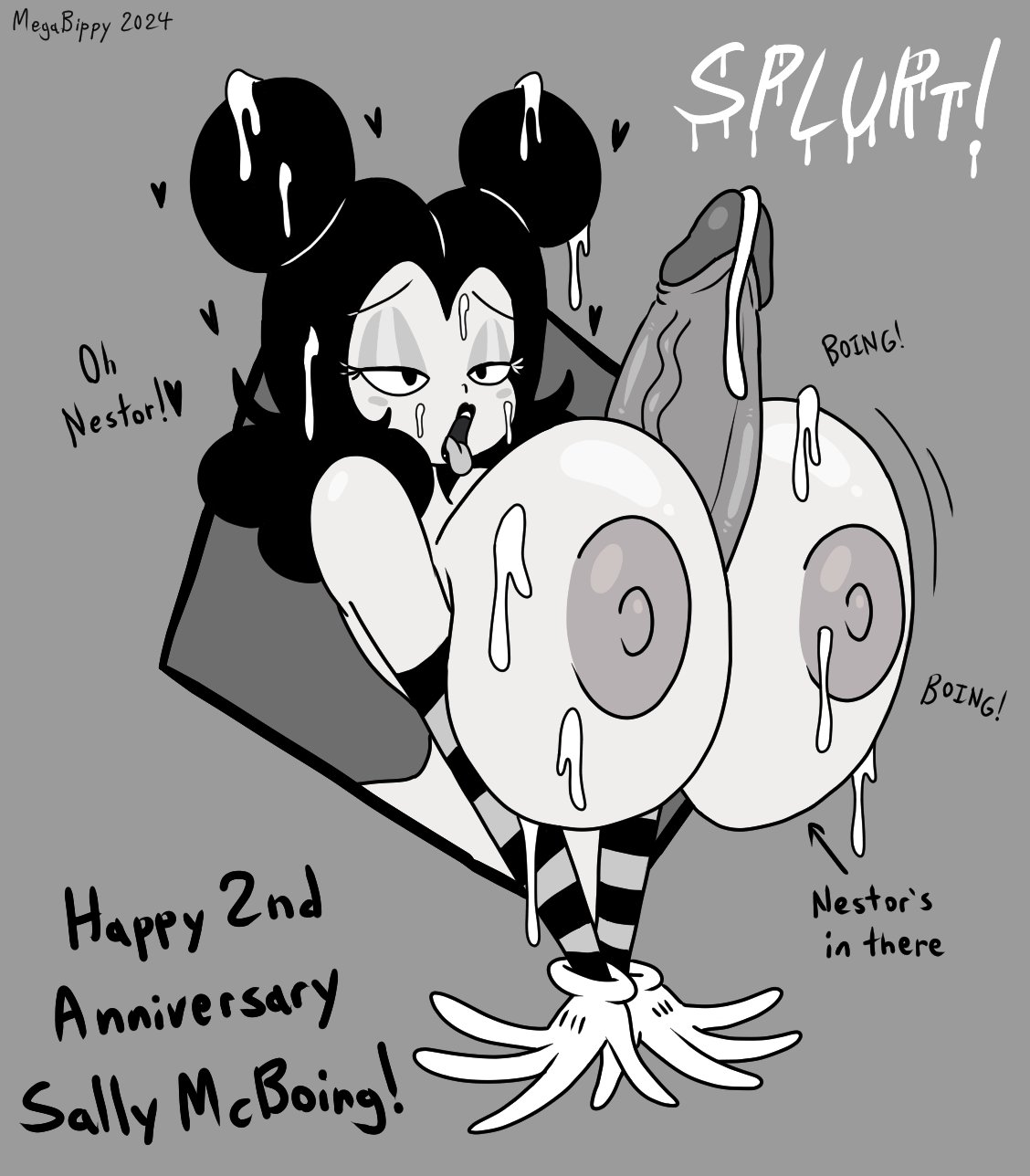 ass, big breasts, black and white, breasts, cum, female, megabippy, nestor the rabbit, sally mcboing