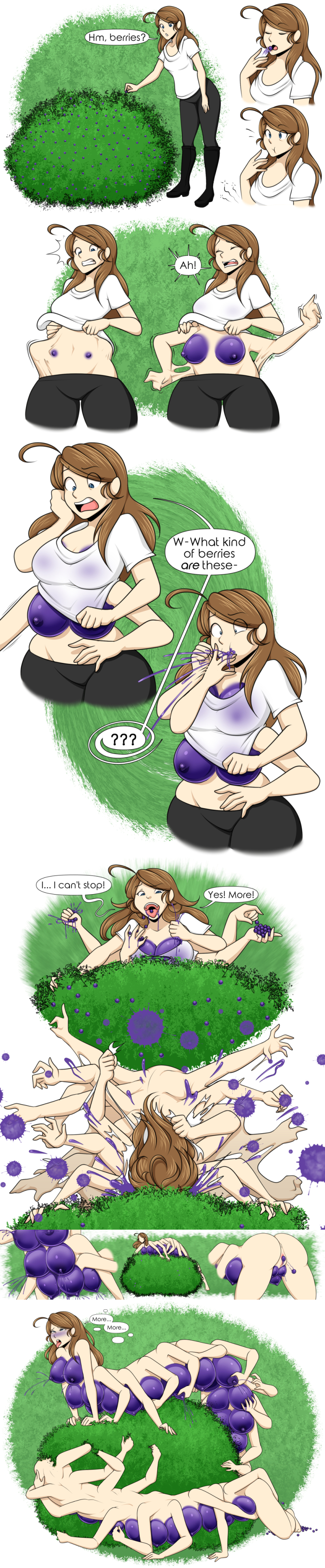 1girls 2016 absurd_res absurdres ahoge ambiguous_fluids berry berry_laying big_breasts blue_blush blue_eyes blueberry blush boobipede breast_expansion breast_growth breast_squeeze breasts brown_hair bush clothing dialogue digital_media_(artwork) eating english_text female food fruit hair hi_res high_resolution highres human lactation long_hair madamsquiggles mammal multi_arm multi_breast multi_limb nipples open_mouth original pussy sequence shirt shirt_lift simple_background solo standing surprise tongue_out torn_clothing transformation