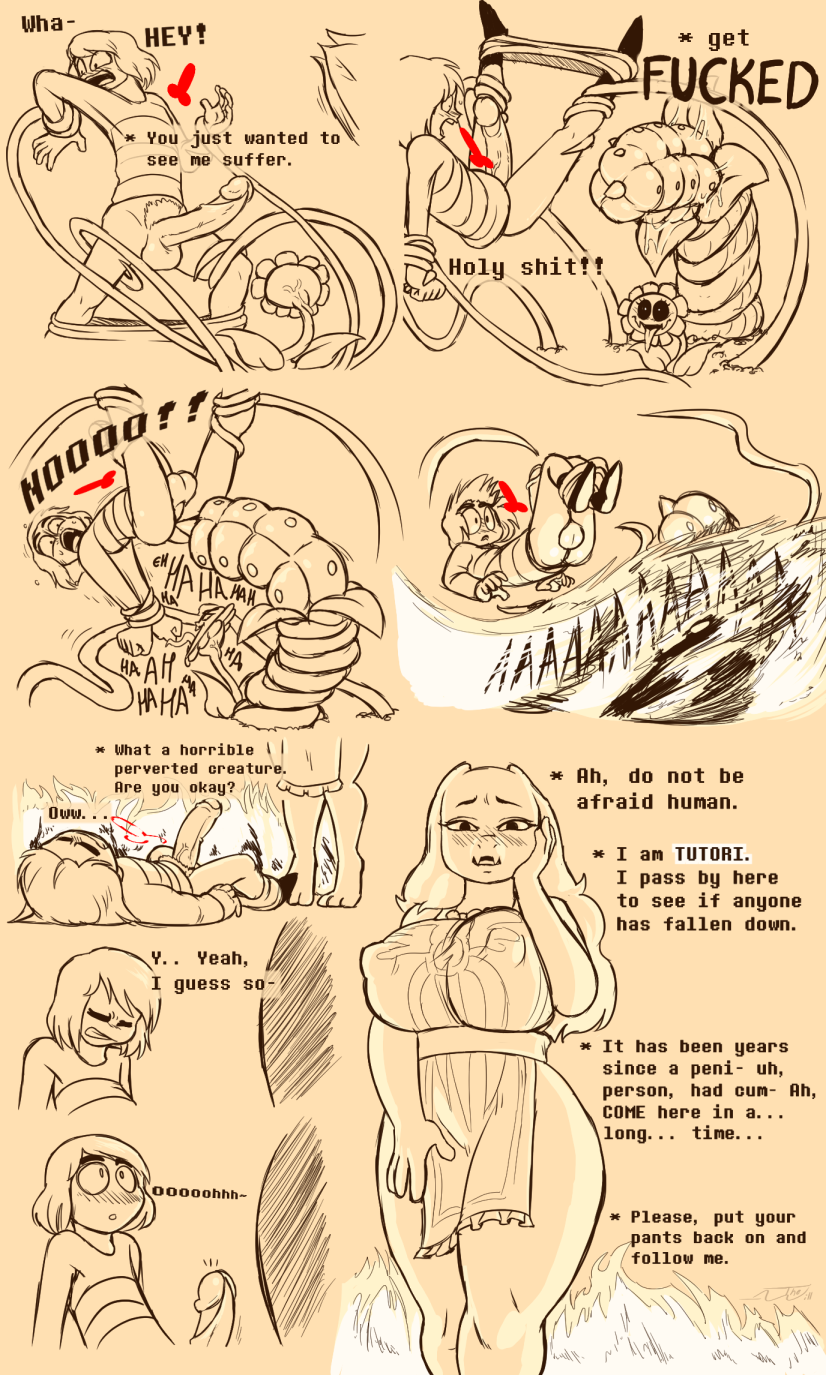 big_breasts big_penis blush boss_monster breasts clothing comic digital_media_(artwork) english_text female fire flower flowey_the_flower frisk frisky_(under(her)tail) huge_cock human looking_at_viewer looking_down male mammal monster peddles penis plant rule_63 text thewill toriel tutori_(under(her)tail) under(her)tail undertale undertale_fanfiction video_games vines