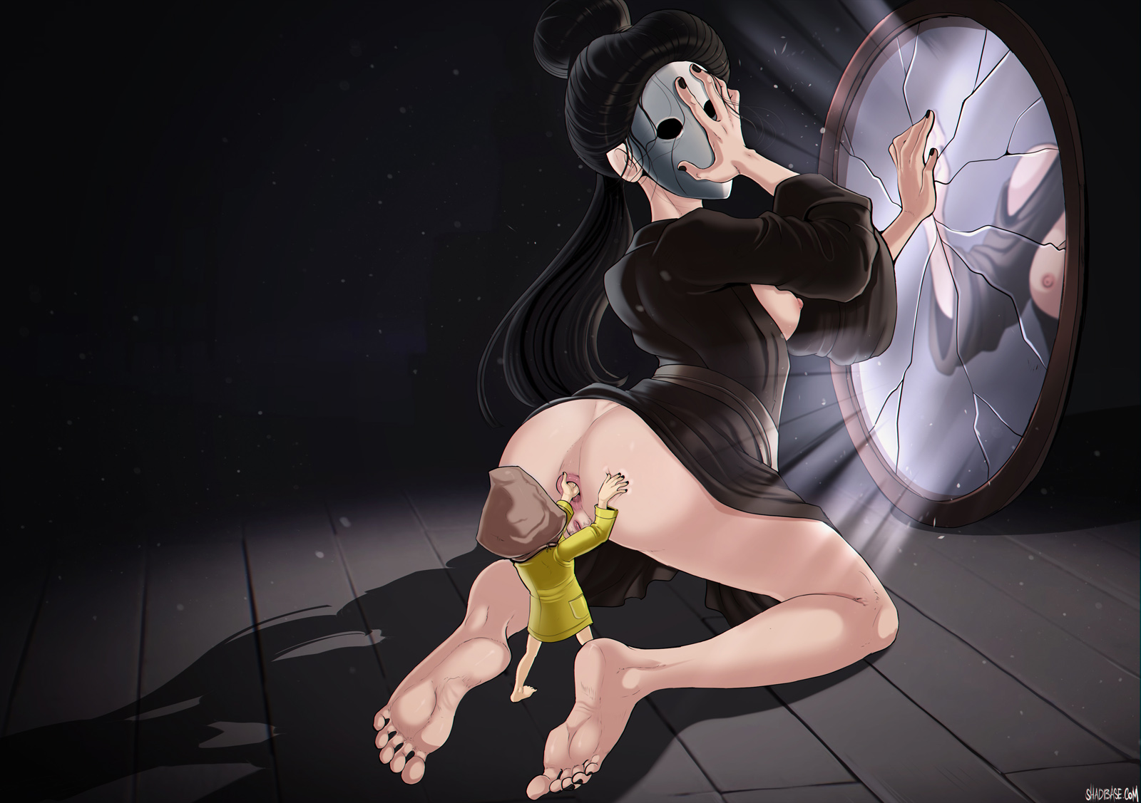 2girls, anal, anal fingering, anal insertion, anus, ass, barefoot, bottomless, clothing, exposed, feet, female, female only, female protagonist, gaping anus, giantess, larger female, little nightmares, mask, micro female, mirror, multiple females, multiple girls, nipples, open clothes, outerwear, pussy, raincoat, shadman, six (little nightmares), size difference, skindentation, smaller female, soles, tagme, the lady (little nightmares), toes, yuri