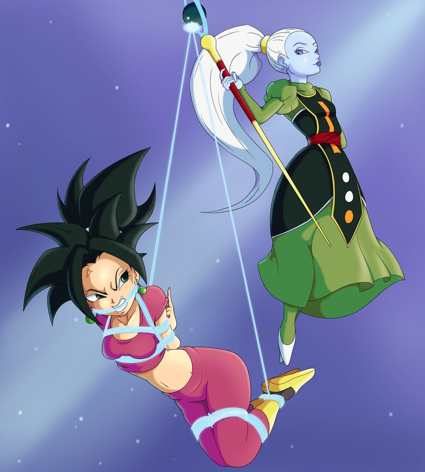 2girls, angel (dragon ball), angry, bondage, boots, dragon ball, dragon ball super, female, female focus, female/female, femdom, femsub, fully clothed, fusion, kefla, lesbian, lezdom, lezsub, middle finger, multiple females, multiple girls, potara earrings, restrained, saiyan, vados, yuri
