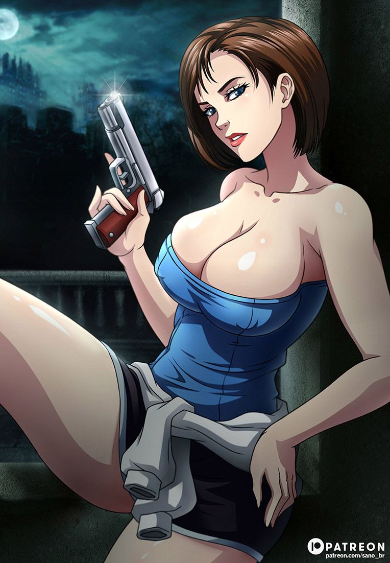 1girls, ass, biohazard, blue eyes, breasts, brown hair, brunette, capcom, cleavage, curvy, erect nipples, female, gun, huge areolae, huge ass, huge breasts, jill valentine, jill valentine (julia voth), nipples, puffy nipples, resident evil, sano-br, short hair, skirt, solo, thick lips, tubetop, voluptuous, wide hips
