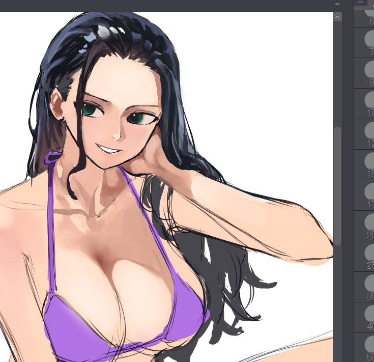 1girls, adult, adult female, barely contained, barely contained breasts, barely fits, big breasts, bikini, bikini top, black hair, black-haired female, breasts, breasts too big, busty, busty female, cleavage, clothing, collarbone, elbows, female, female focus, female only, green eyes, green-eyed female, hand behind head, head tilt, high resolution, highres, imminent wardrobe malfunction, kasumi6, large breasts, long hair, looking at viewer, mature, mature female, nico robin, one piece, parted bangs, plump breasts, purple bikini, purple bikini top, purple string bikini, purple swimsuit, purple swimwear, shoulders, simple background, smile, smiley face, smiling, smiling at viewer, solo, string bikini, swimsuit, swimwear, tight bikini, tight fit, tight swimsuit, tight swimwear, tilted head, too tight, undersized clothes, upper body, white background
