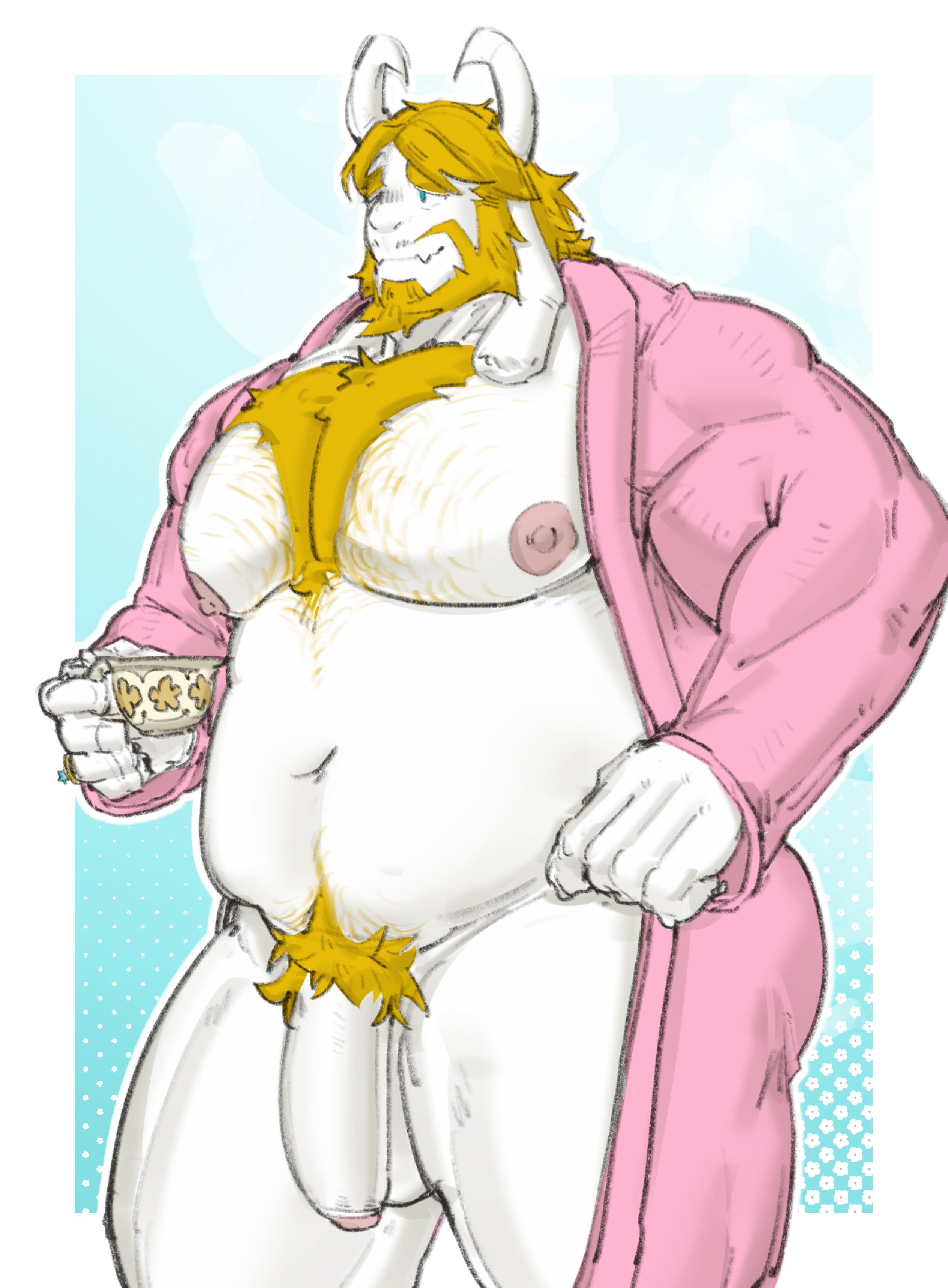 anthro, asgore dreemurr, balls, bara, beard, body hair, dad bod, deltarune, facial hair, flaccid, furry, goat, horns, male, male only, muscles, muscular, nightgown, penis, phosbara, solo, solo male, undertale, yaoi