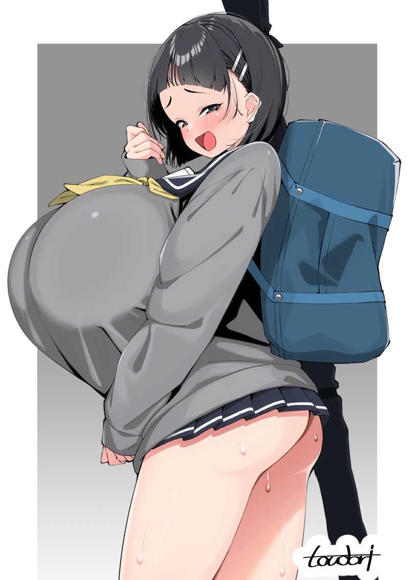 ass, ass hanging out, ass hanging out of skirt, big ass, big breasts, breasts, breasts bigger than head, female, huge breasts, kirigaya suguha, looking at viewer, school uniform, short hair, smile, sweaty ass, sweaty butt, sweaty legs, sweaty thighs, sword art online, toudori, upskirt