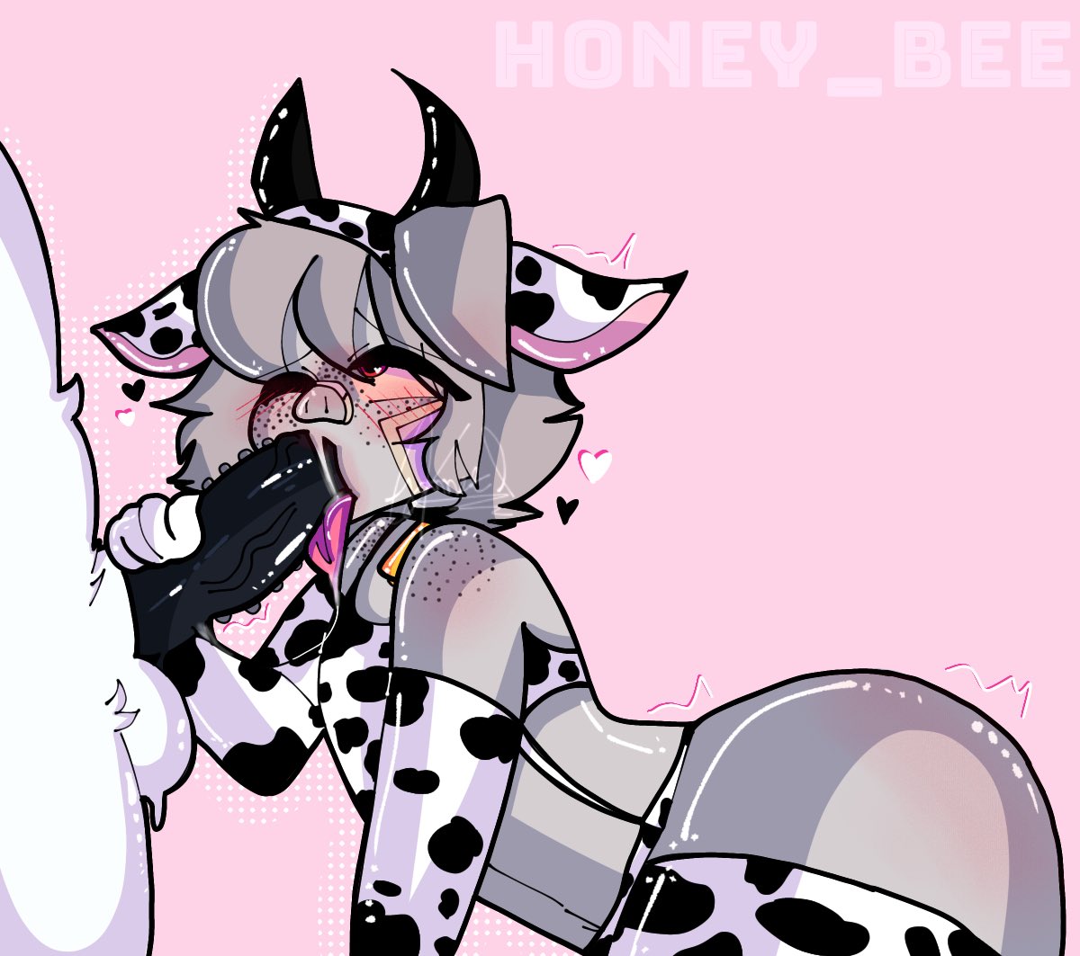 balls bent_over blush bra cow_print duo fellatio heart honey_bee_(artist) horns_hairband male/male one_eye_closed penis pink_background poley_(piggy) red_eyes robby_(oc) saliva sleeves thighhighs tongue