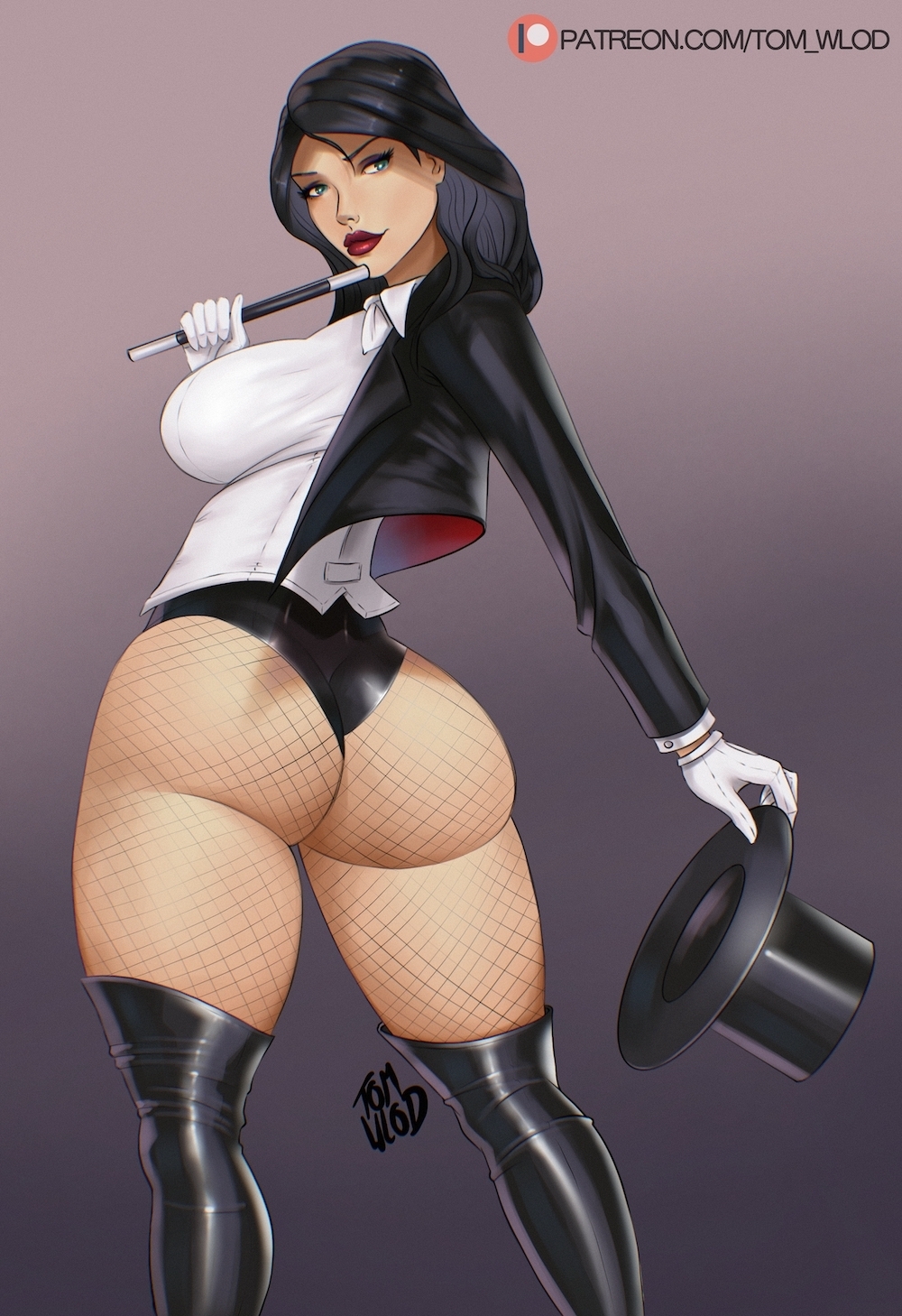 1girls, artist name, artist signature, ass, ass focus, background, big ass, big breasts, big thighs, black hair, black hair female, black hat, black thighhigh boots, black top, black-haired female, blue eyes, blue eyes female, blue-eyed female, breasts, dc, dc comics, eyebrows, eyelashes, female, female ass, female ass focus, female focus, female only, fishnet legwear, fishnet pantyhose, fishnets, gloves, gluteal fold, hat, holding, holding hat, holding object, holding wand, huge ass, huge butt, huge thighs, human, human female, human only, large ass, large breasts, light skin, light-skinned female, lipstick, long hair, magician, magician hat, magician tuxedo, milf, pale skin, pale-skinned female, pose, posing, red lipstick, solo, solo female, solo focus, standing, superhero, superhero costume, superheroine, thicc, thick, thick ass, thick hips, thick legs, thick thighs, thighhigh boots, thighs, tomwlod, top hat, white gloves, zatanna, zatanna zatara (cosplay)