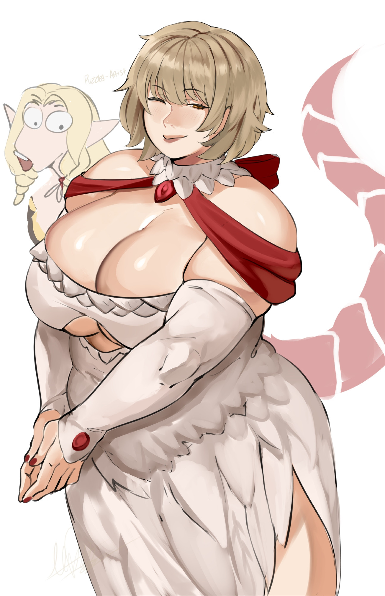 2girls, artist name, blonde hair, bob cut, breasts, busty, chubby, chubby female, cleavage, clothed, clothing, dress, dungeon meshi, falin touden, feathers, female, lesbian thoughts, light skin, light-skinned female, marcille donato, puzzled artist, red fingernails, staring, staring at breasts, thick, yuri