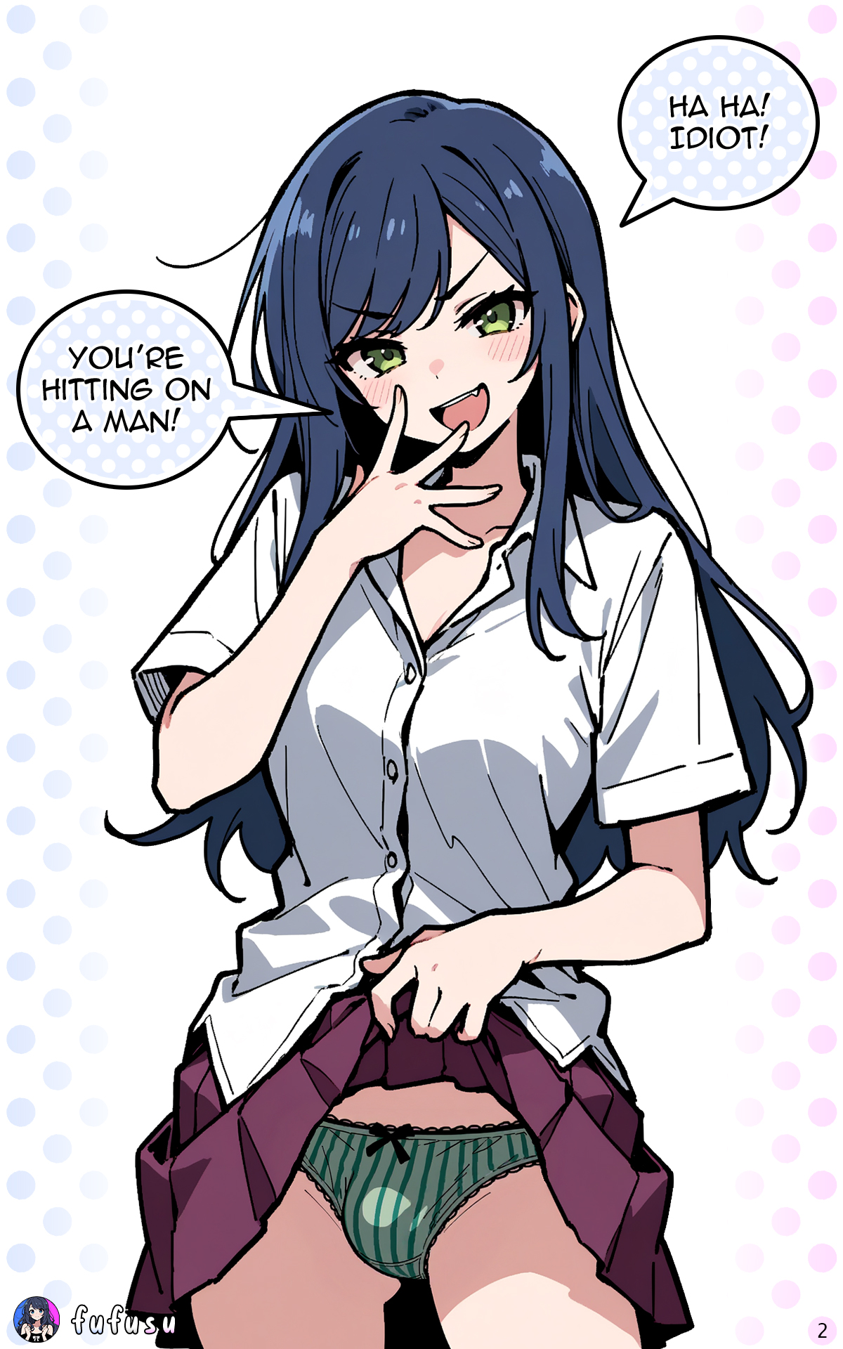 1boy, 1femboy, ai generated, blue hair, brat, bulge, crossdressing, cute fang, femboy, fufusu, green eyes, lifting skirt, long hair, looking at viewer, male, otoko no ko, panties, school uniform, showing bulge, showing panties, solo, striped panties, talking to viewer, teasing, teasing viewer, trap