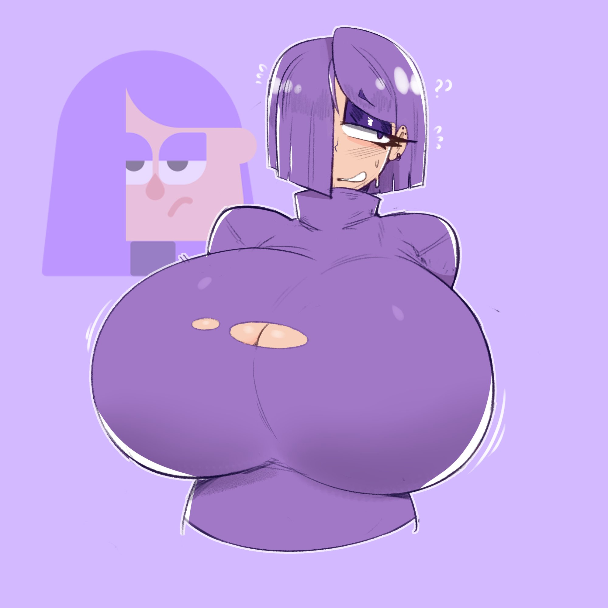 1girls, breasts, curvy, duolingo, female, garp sand, huge breasts, lily (duolingo), purple hair, purple shirt, tagme, torn clothes